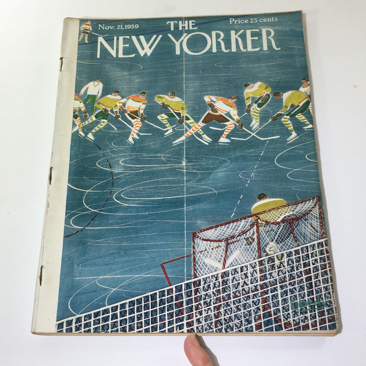 The New Yorker magazine cover from November 21, 1959, displaying an artistic representation of ice hockey players in action, highlighting the nostalgic design by Anatol Kovarsky.