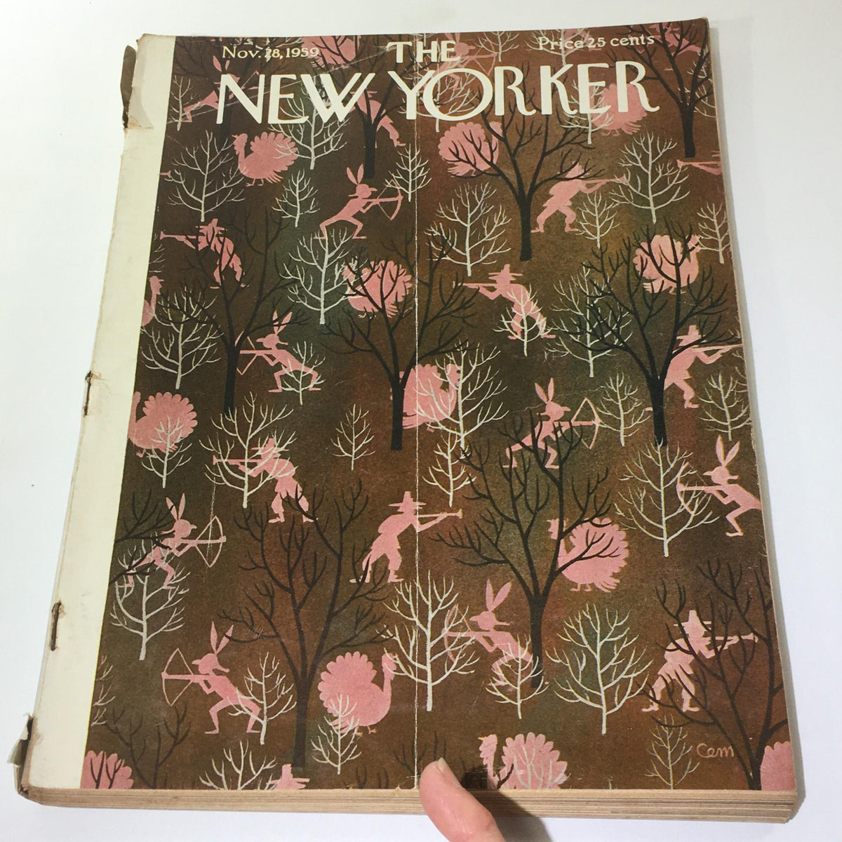 Front cover of The New Yorker, November 18, 1959, showcasing an artistic depiction of trees and playful creatures, designed by Charles E. Martin.