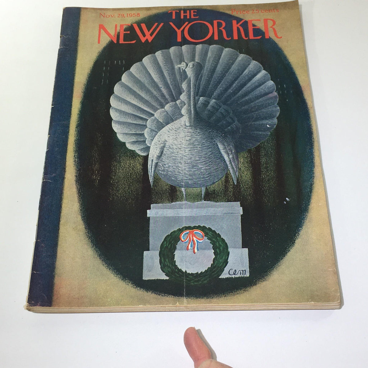 Cover of The New Yorker magazine from November 29, 1958, featuring a stylized illustration of a turkey and a decorative wreath. This full magazine showcases the theme cover art by Charles E. Martin, priced at 25 cents.