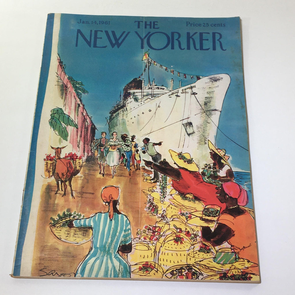 Cover of The New Yorker dated January 14, 1961, featuring an illustration by Charles Saxon, depicting a vibrant scene with a ship, market vendors, and colorful characters.