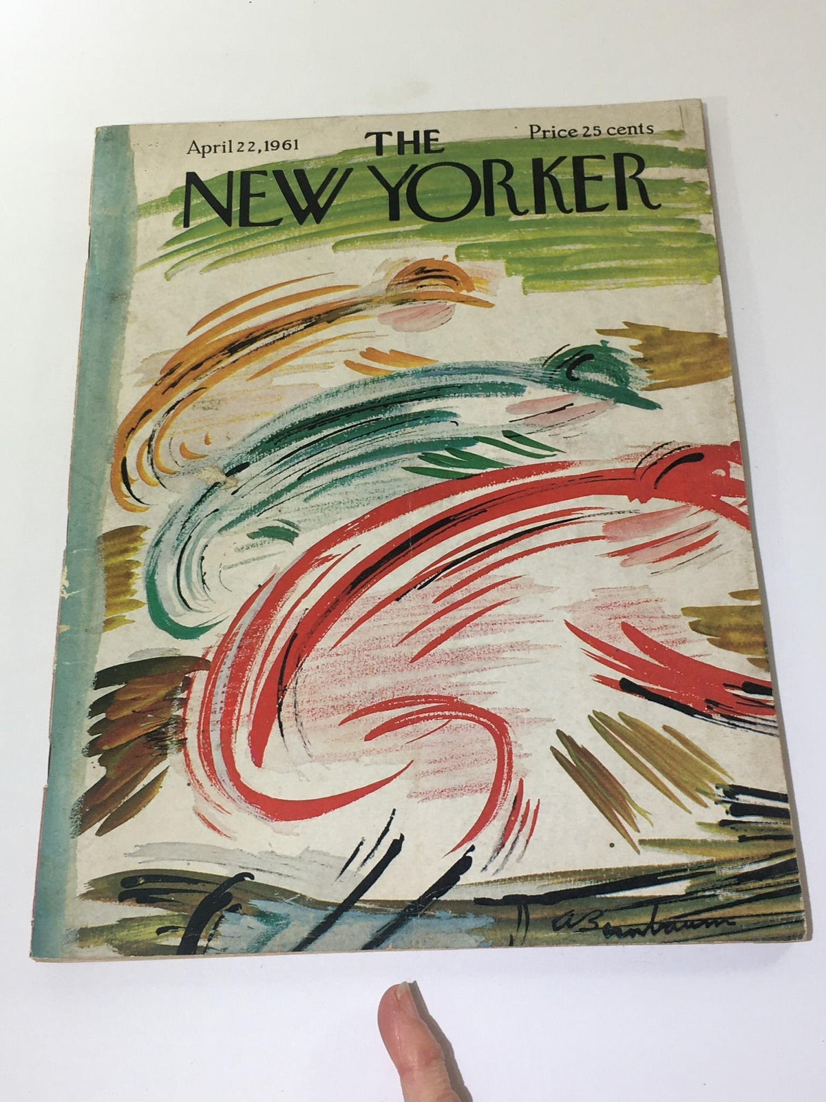 The New Yorker April 22, 1961 magazine cover displaying striking abstract art by Abe Birnbaum with colorful swirls and bold typography.