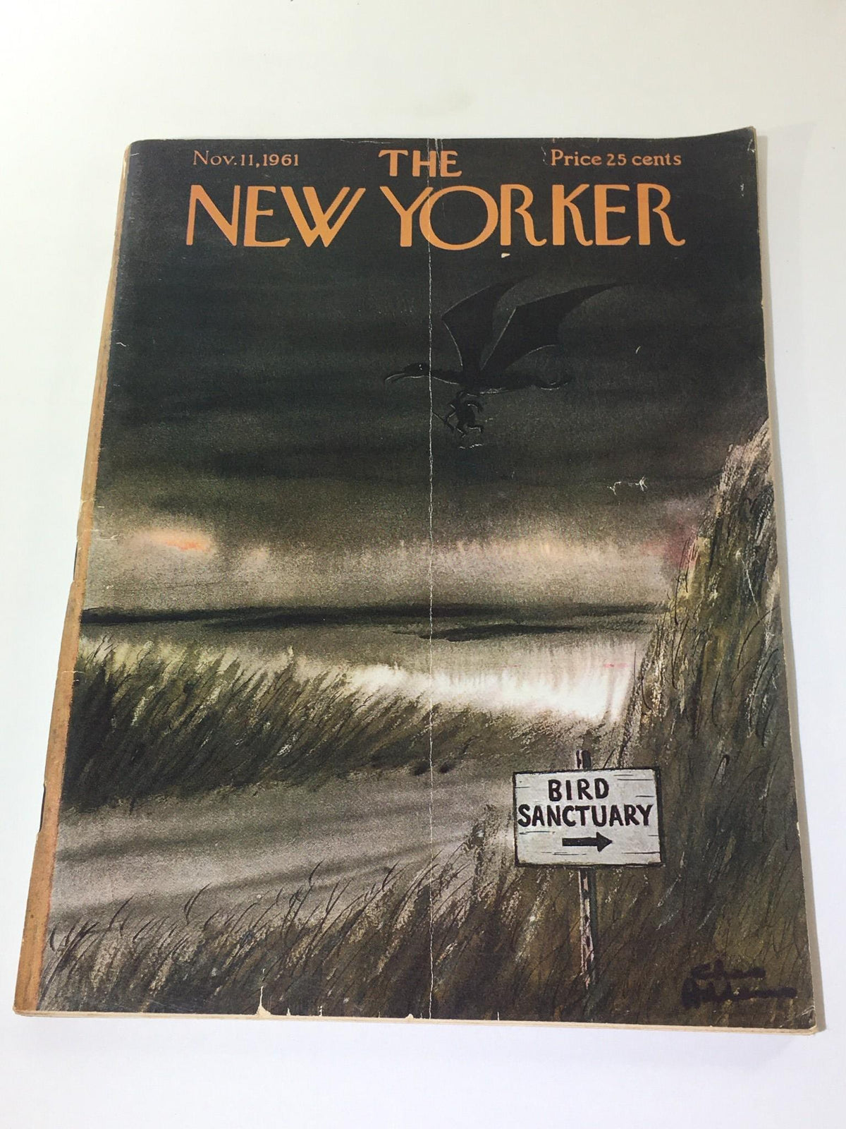 Cover of The New Yorker magazine from November 11, 1961, featuring a dark and atmospheric illustration with a bird sanctuary sign.