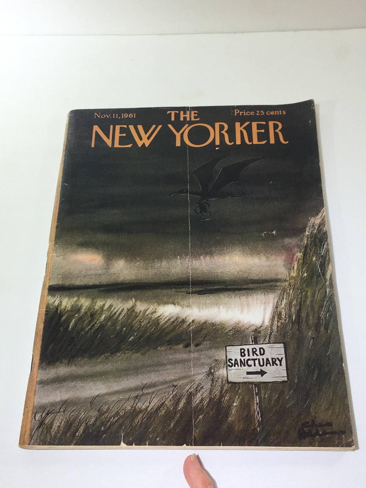 Front cover of The New Yorker dated November 11, 1961, depicting a mysterious landscape with a sign reading 'Bird Sanctuary'.