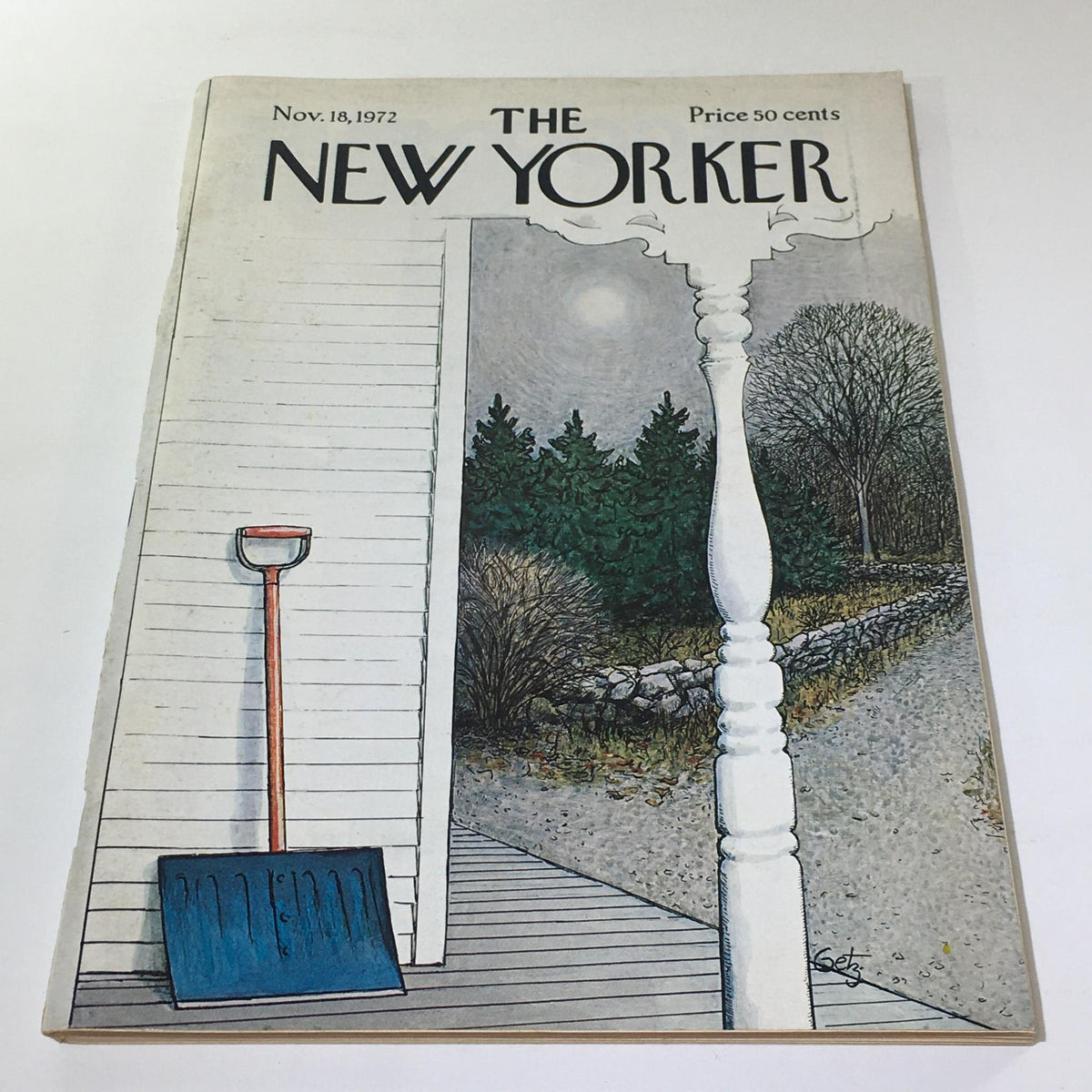 Cover of The New Yorker magazine dated November 18, 1972, featuring an illustration of a porch with a blue shovel, trees, and a moonlit sky.