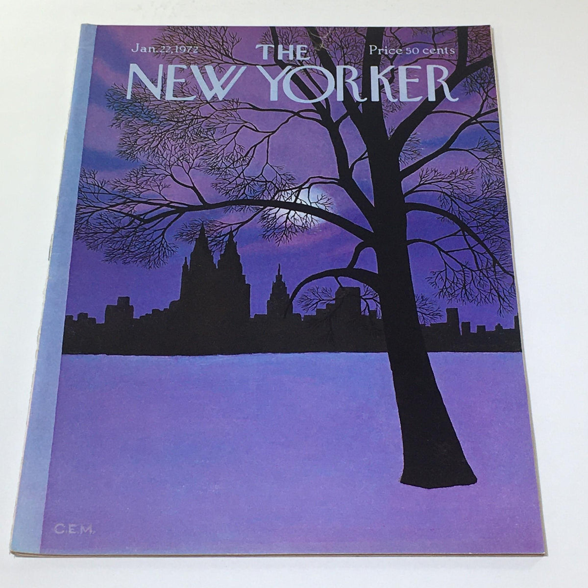Cover of The New Yorker magazine from January 22, 1972, featuring a silhouette of trees against a purple sunset backdrop, designed by Charles E. Martin.