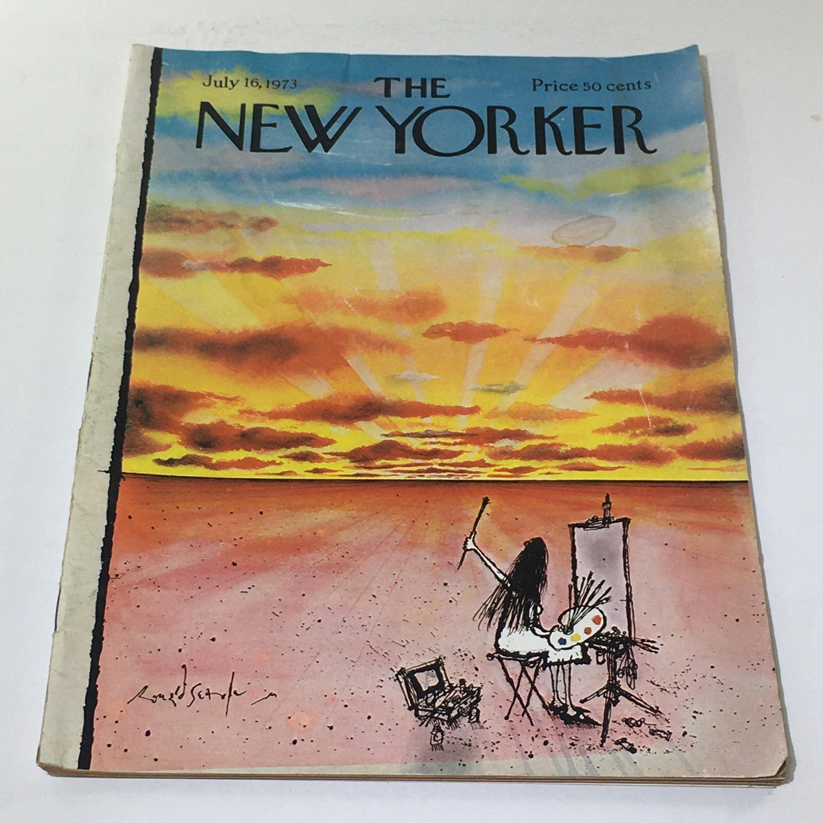 Cover of The New Yorker magazine from July 16, 1973, featuring an illustration by Ronald Searle depicting an artist painting a scenic sunset.