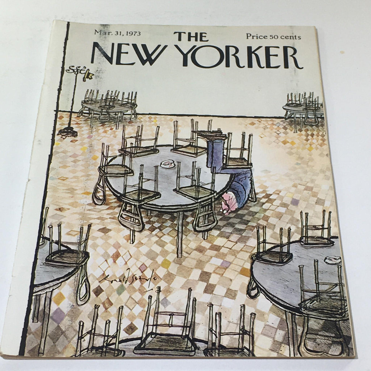 Cover of The New Yorker magazine dated March 31, 1973, featuring a whimsical illustration by Ronald Searle of empty tables and stacked chairs.