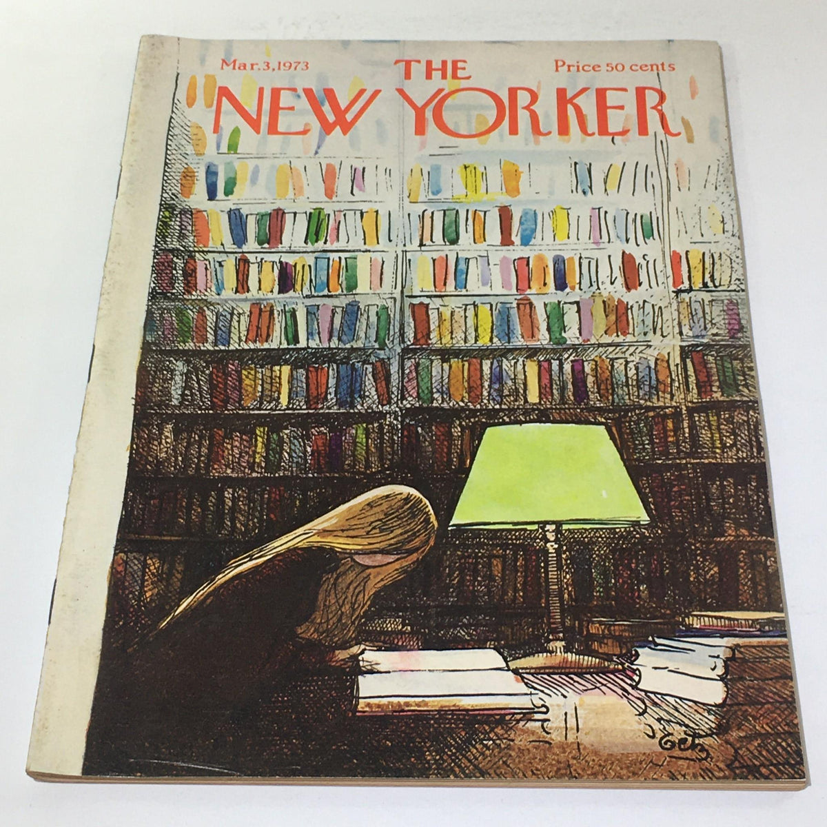 Cover of The New Yorker dated March 3, 1973, featuring a woman reading at a table beside a green lamp with a colorful bookshelf in the background, designed by Arthur Getz.