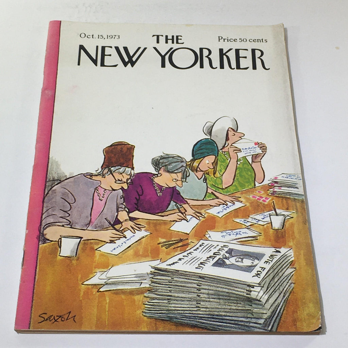 Cover of The New Yorker: October 15, 1973 featuring a whimsical illustration by Charles Saxon, depicting characters engaged in writing at a table with vintage magazines in the foreground.