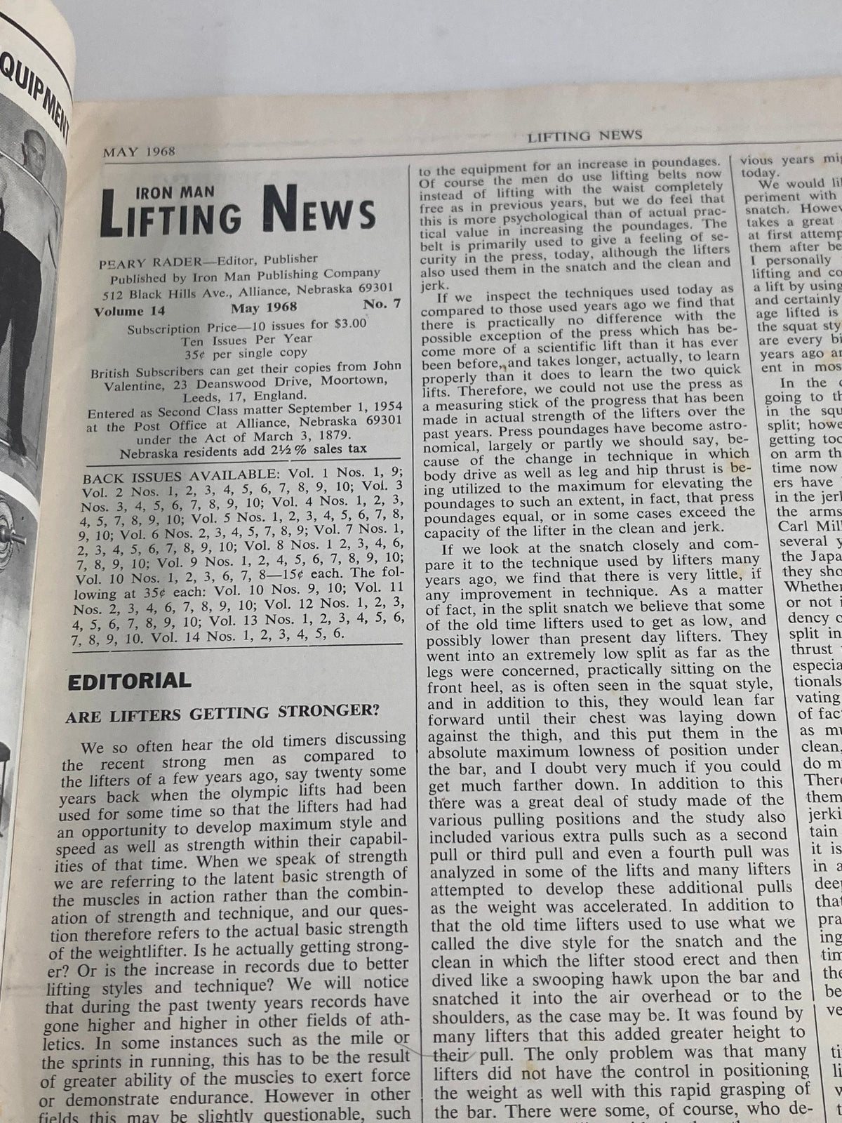 Interior page of Vintage Iron Man Lifting News Vol 14 #7 May 1968, featuring an editorial discussing lifters and exercise techniques.
