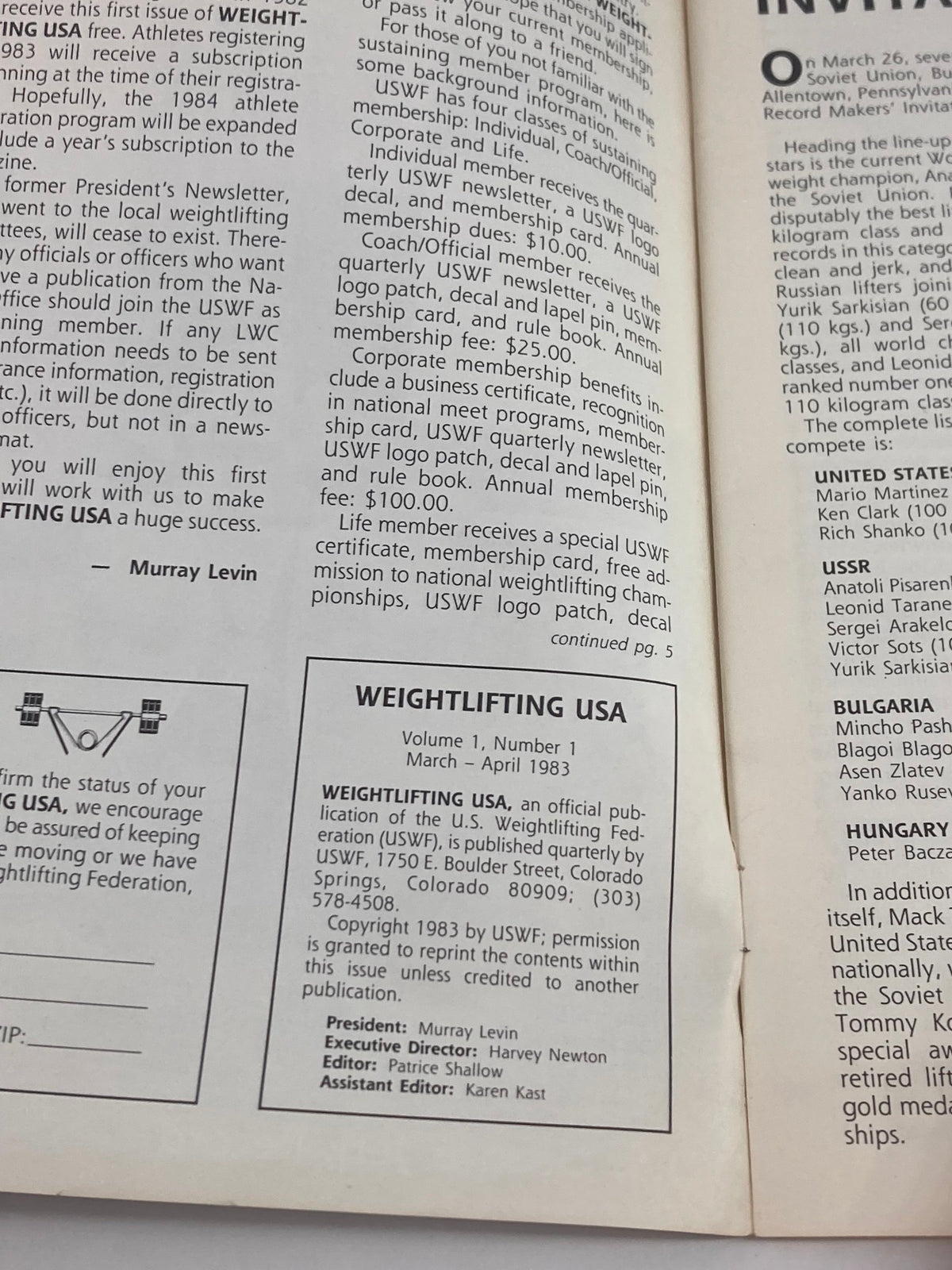 Inner page of VTG Weightlifting USA Magazine Vol 1 #1 March 1983 detailing the publication information and membership options for the U.S. Weightlifting Federation.
