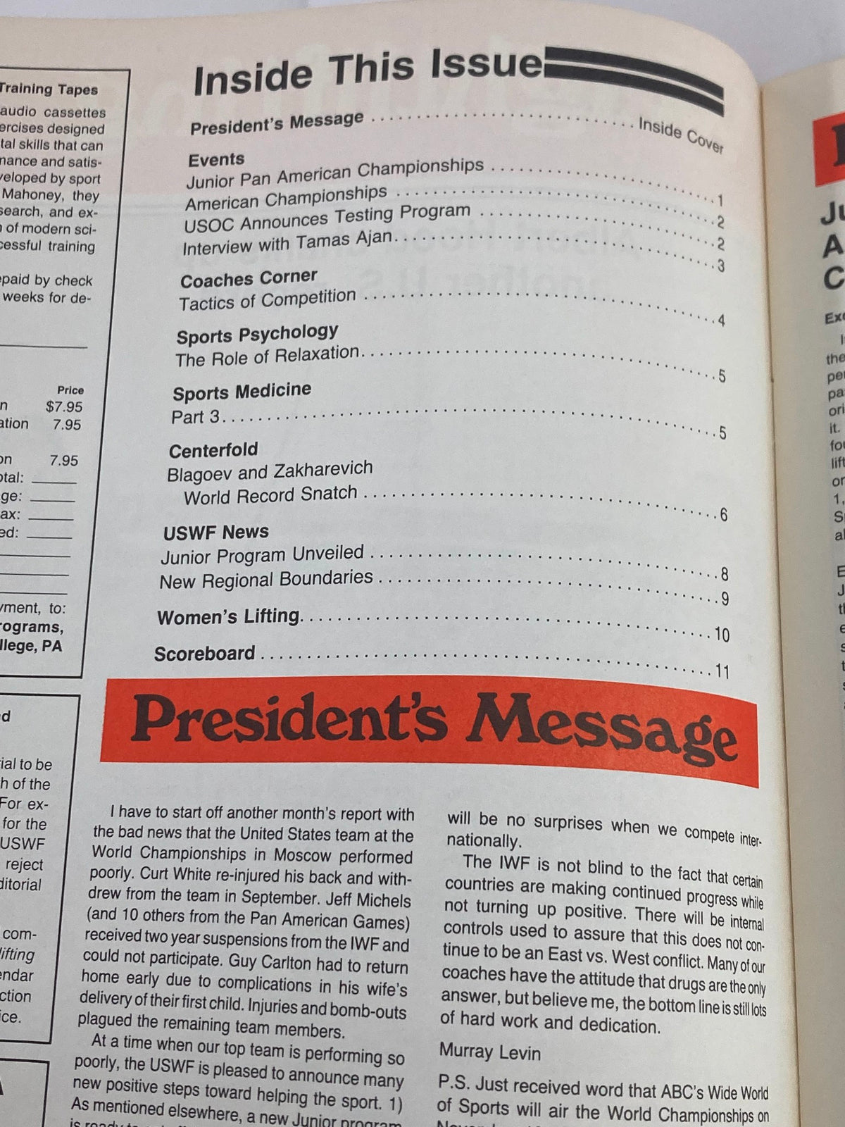 Inside page of VTG Weightlifting USA Magazine Vol 1 #5 November 1983, displaying the table of contents and president's message with highlighted sections on events and updates in weightlifting.