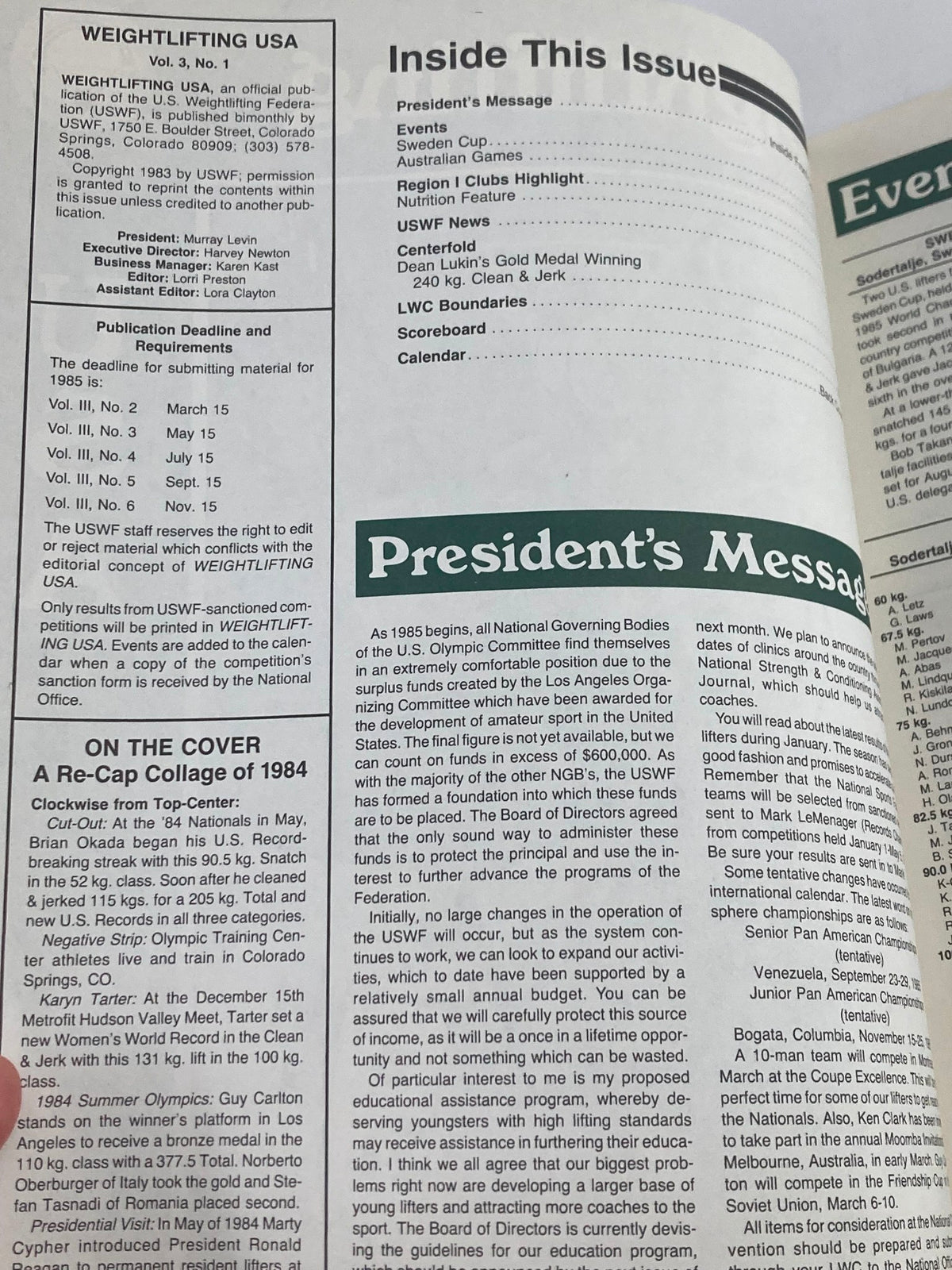 Inside page of VTG Weightlifting USA Magazine Vol 3 #1 from 1985, displaying the table of contents and President's message, showcasing the history and details of Olympic weightlifting.