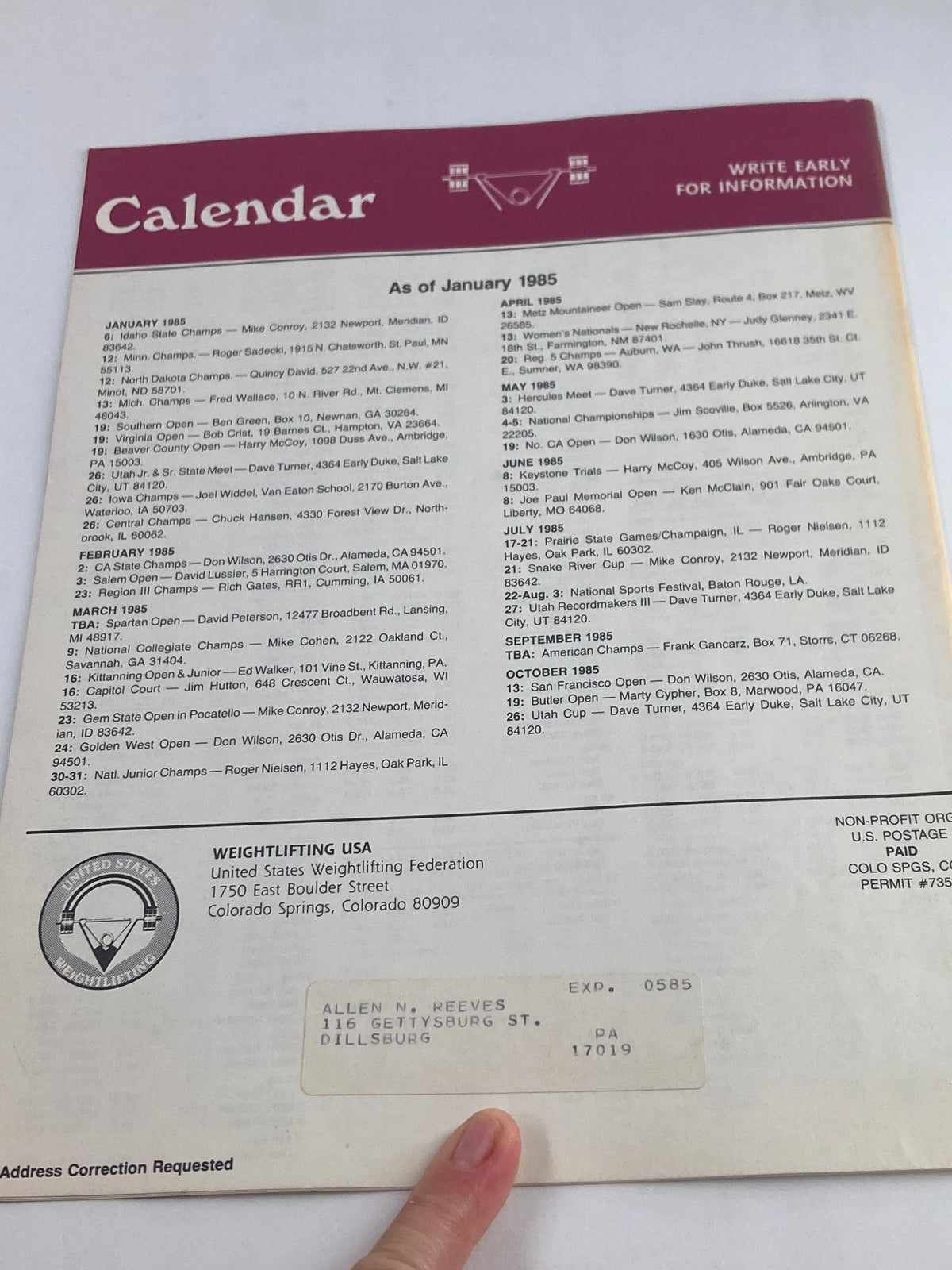 Calendar of weightlifting events from the VTG Weightlifting USA Magazine Vol 2 #5, 1984, showcasing important dates and locations for competitions in 1985, including names of athletes and their affiliations.