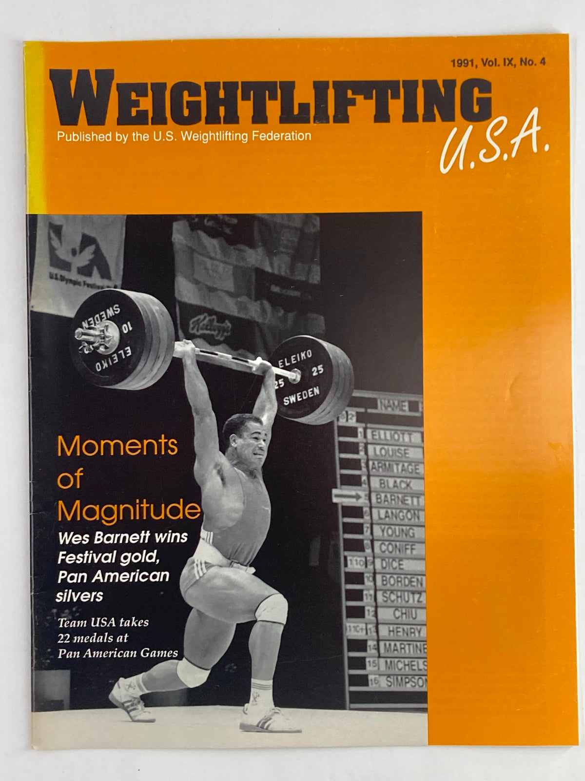 Cover of VTG Weightlifting USA Magazine Volume 9 Issue 4 from 1991 featuring Wes Barnett lifting weights, celebrating his Festival gold win.