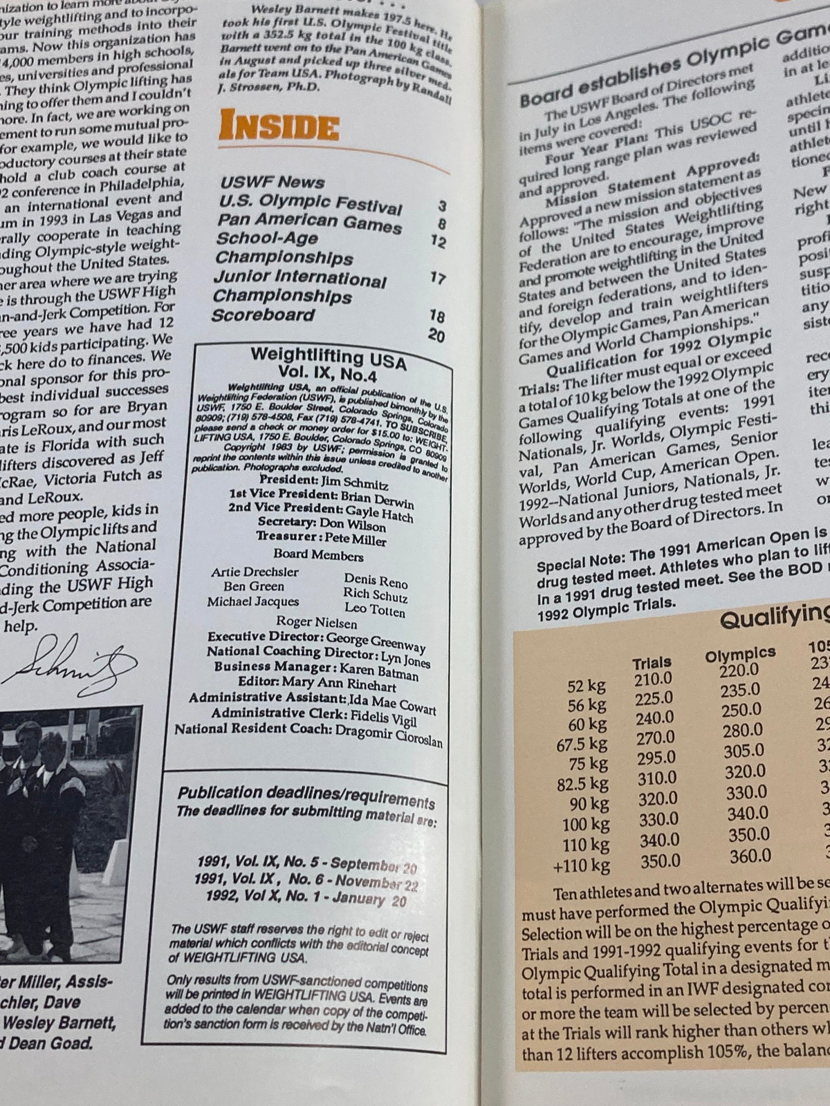 Inside page of VTG Weightlifting USA Magazine Volume 9 Issue 4 from 1991, displaying contents and features related to weightlifting events and news.
