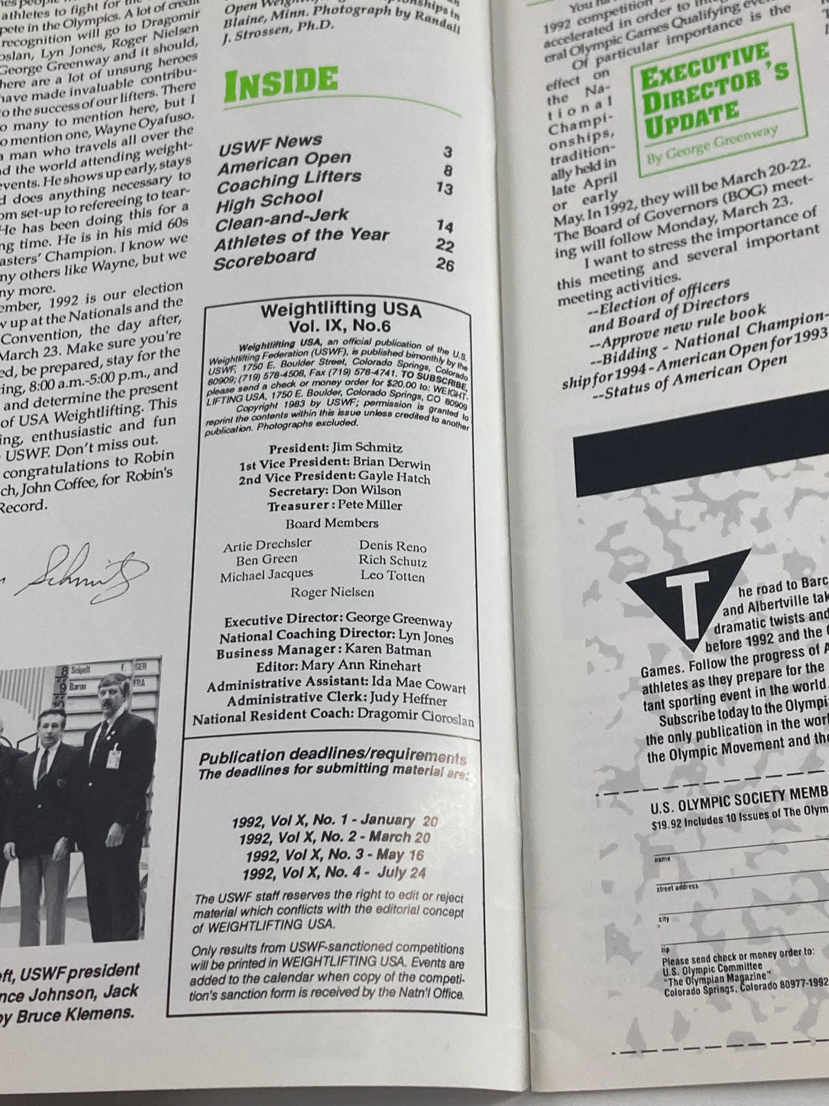 Inside page of VTG Weightlifting USA Magazine Vol 9 #6 December 1991, displaying the contents and notable mentions including USWF news and athletic features from the weightlifting community.