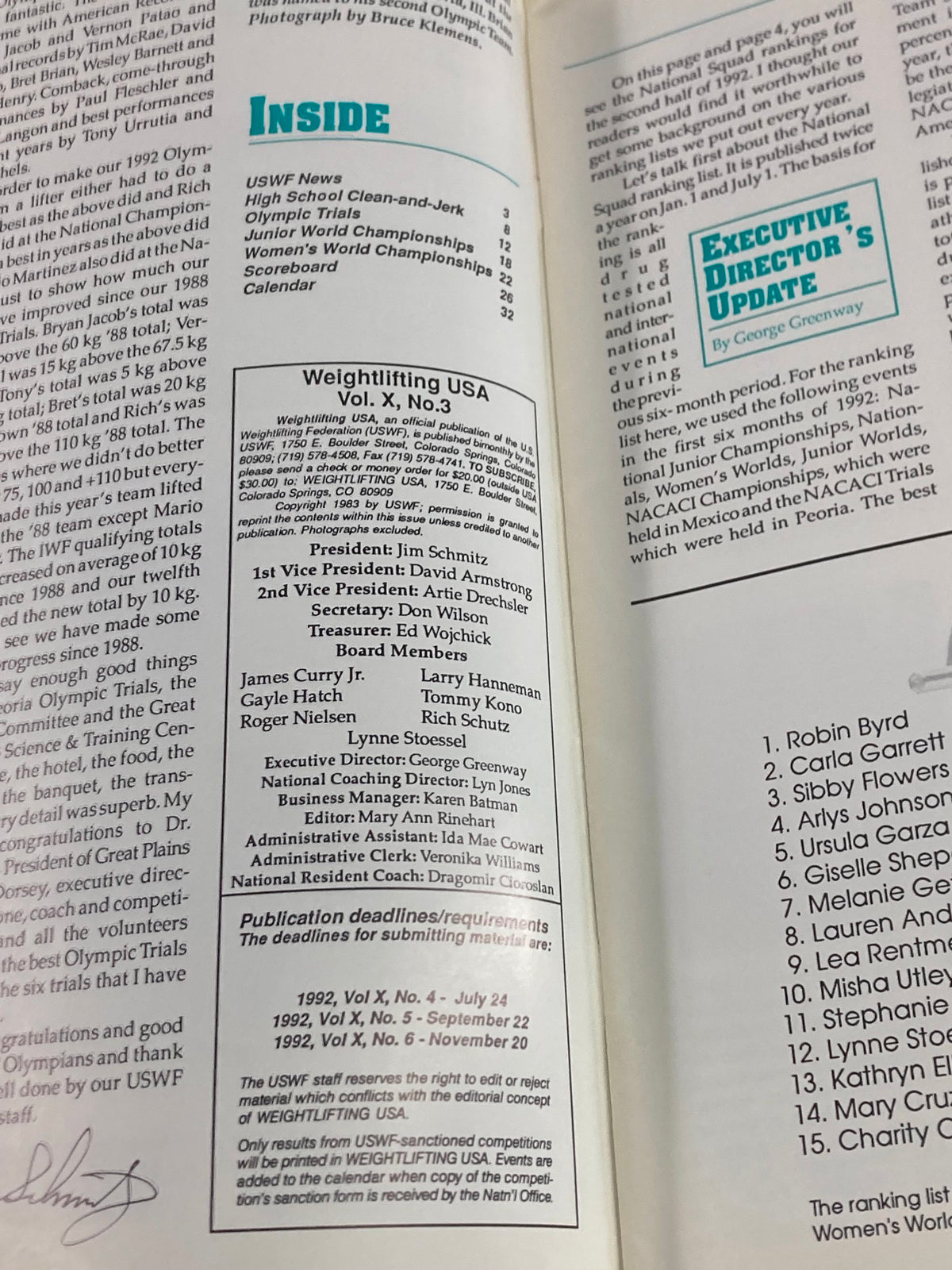 Inside page of Weightlifting USA Magazine Vol 10 #3 July 1992, featuring the contents, contributors, and organizational details related to the Olympic Trials and Team USA.