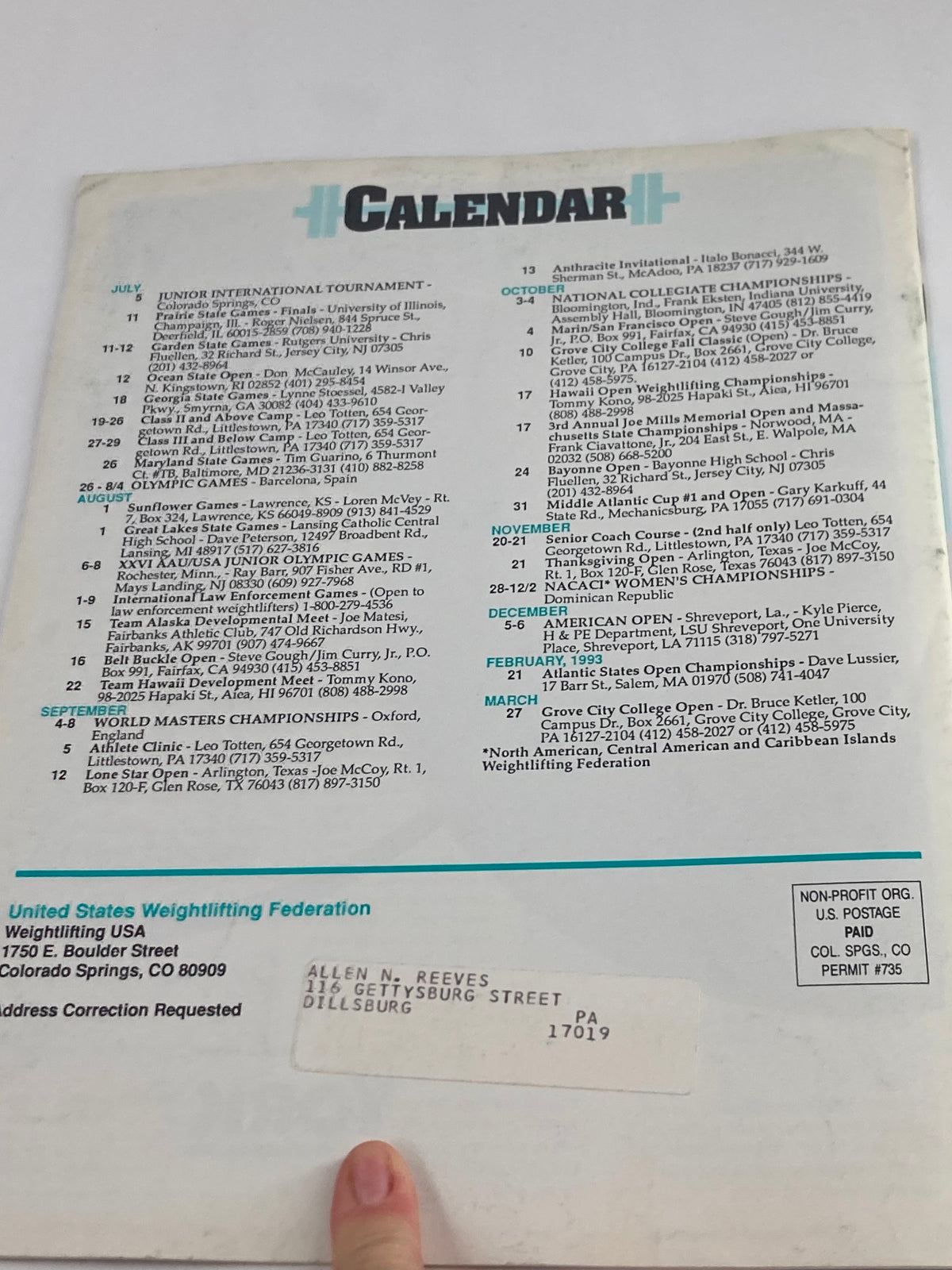 Back cover of Weightlifting USA Magazine Vol 10 #3 July 1992, displaying a calendar of events and an address label, highlighting the activities of the United States Weightlifting Federation.