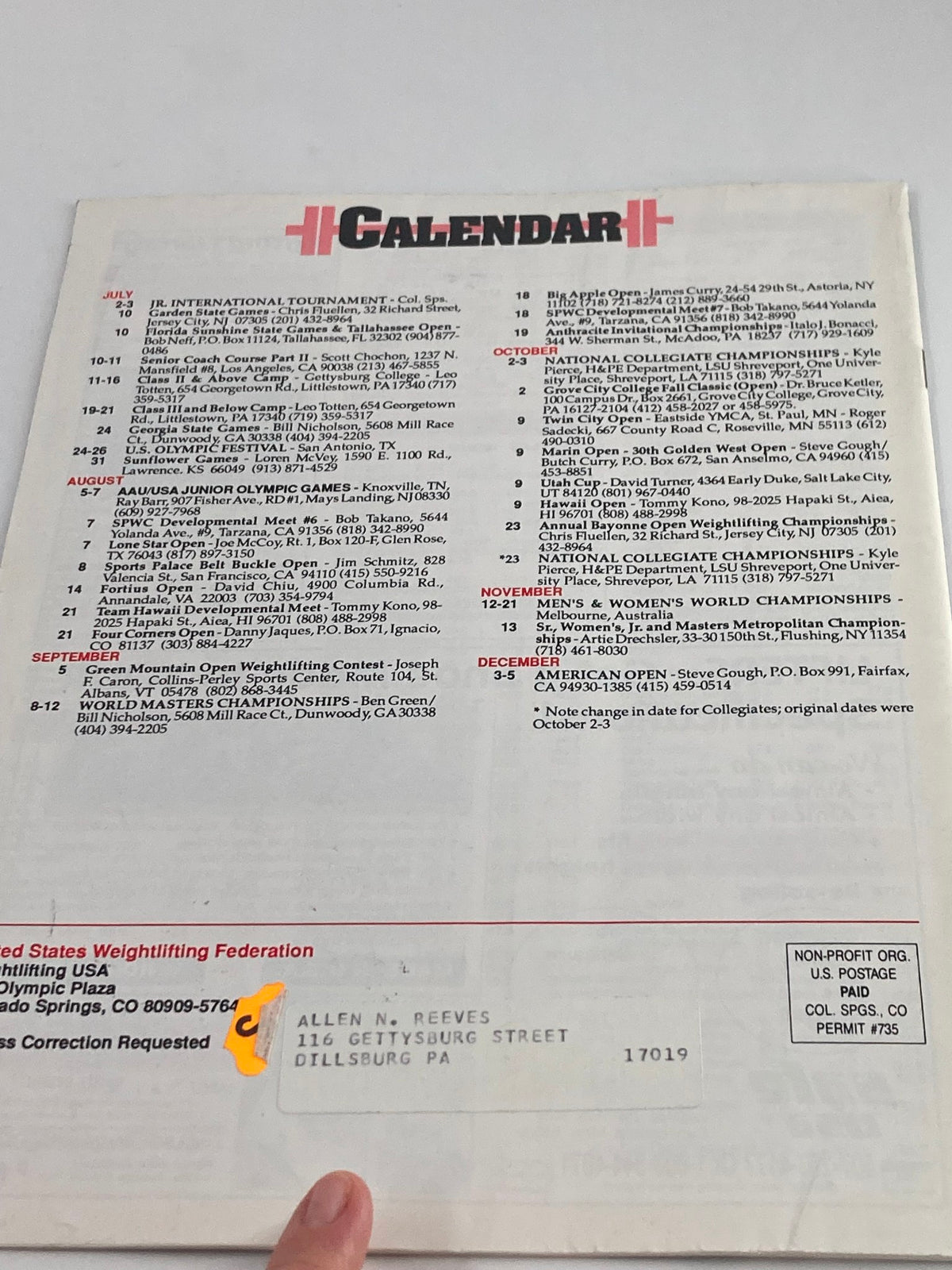 Back page of Weightlifting USA Magazine Vol 11 #3 July 1993, displaying the calendar of upcoming events and a mailing label for the U.S. Weightlifting Federation.