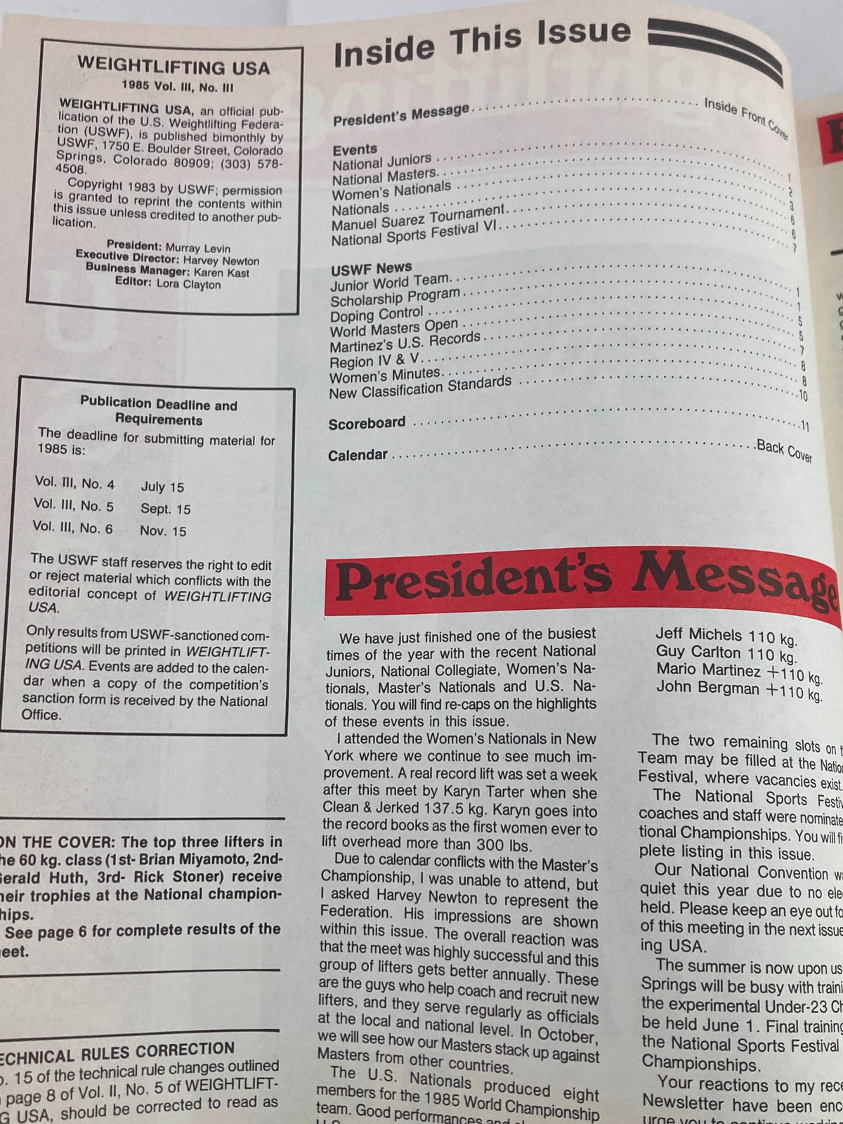 Inside page of Weightlifting USA Magazine Vol 3 #3, published in 1985, outlining the contents and announcements related to weightlifting events.