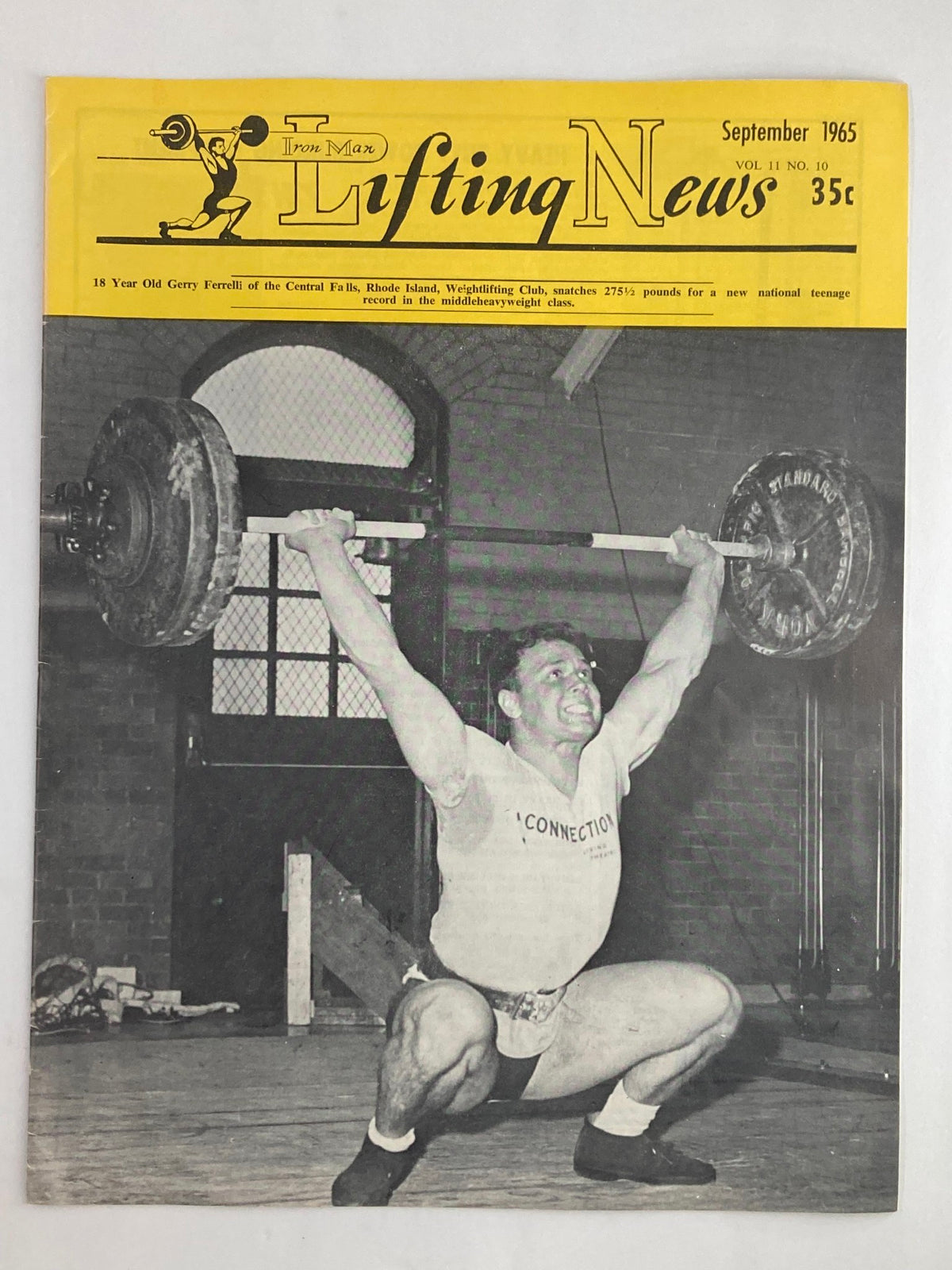 VTG Iron Man Lifting News Vol 11 #10 September 1965 cover featuring Gerry Ferrelli lifting weights, showcasing vintage fitness magazine design.