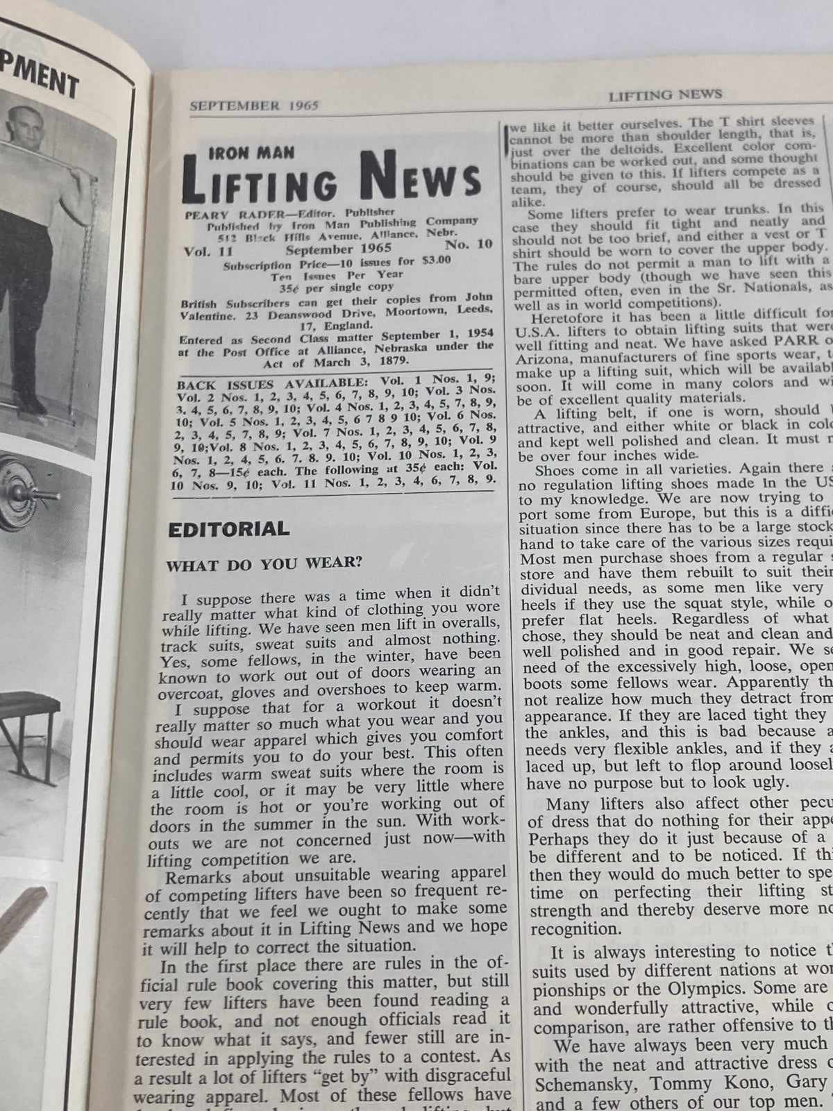 Interior page of VTG Iron Man Lifting News Vol 11 #10 September 1965 featuring editorial content about weightlifting attire and tips for athletes.