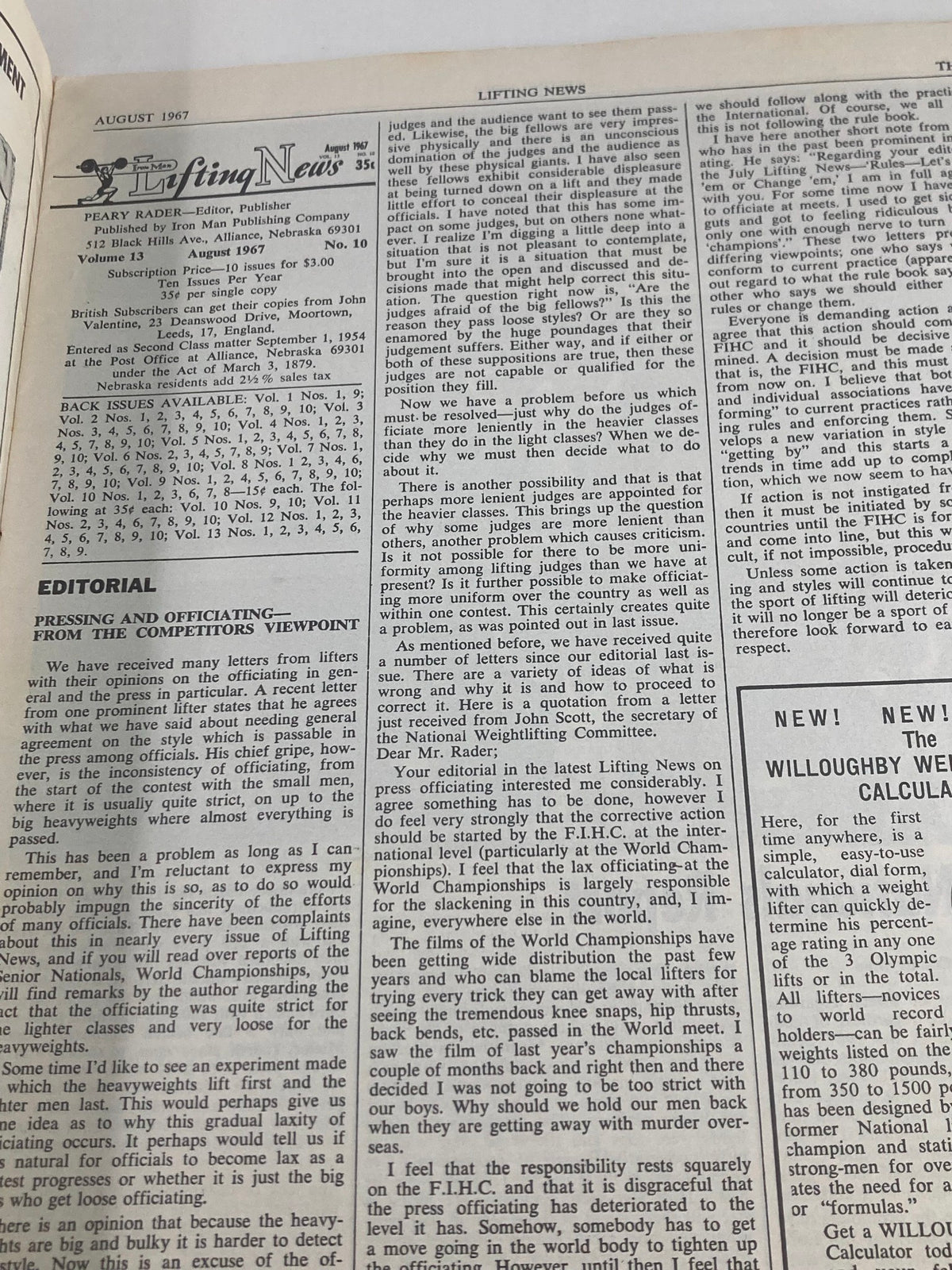 Interior page of VTG Iron Man Lifting News Vol 13 #10 from August 1967, showcasing an editorial article discussing officiating in weightlifting competitions. This page reflects the publication's focus on the evolution of the fitness movement during that era.