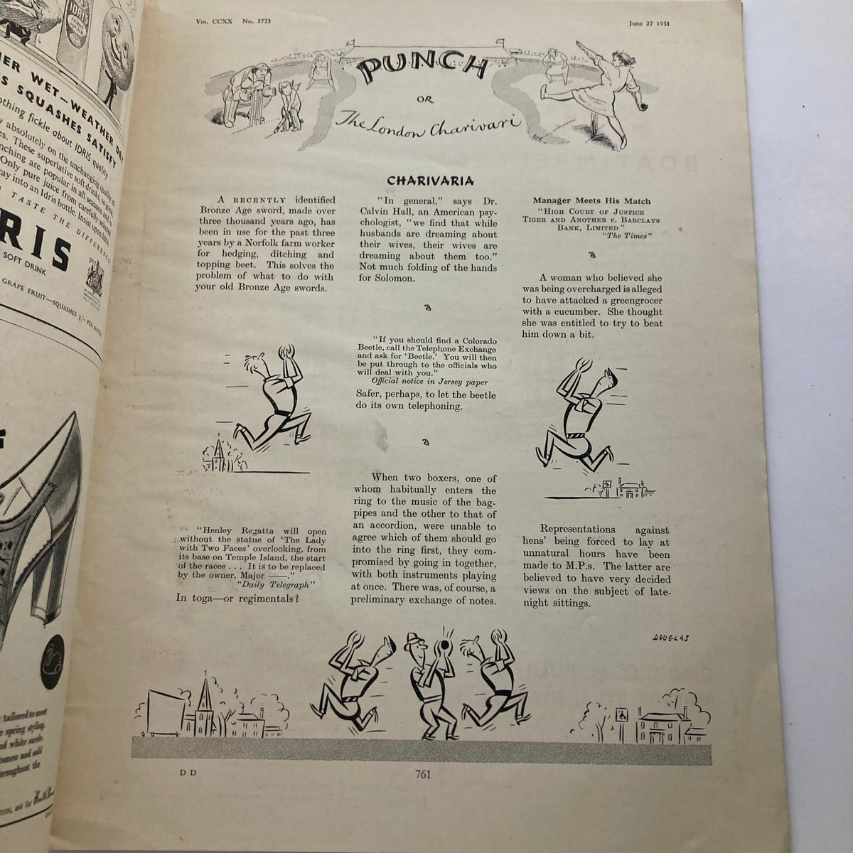 Interior page of Punch Magazine, June 27, 1951, Vol. 220, No. 5773, displaying text and cartoons, reflecting the witty and humorous commentary of the era.