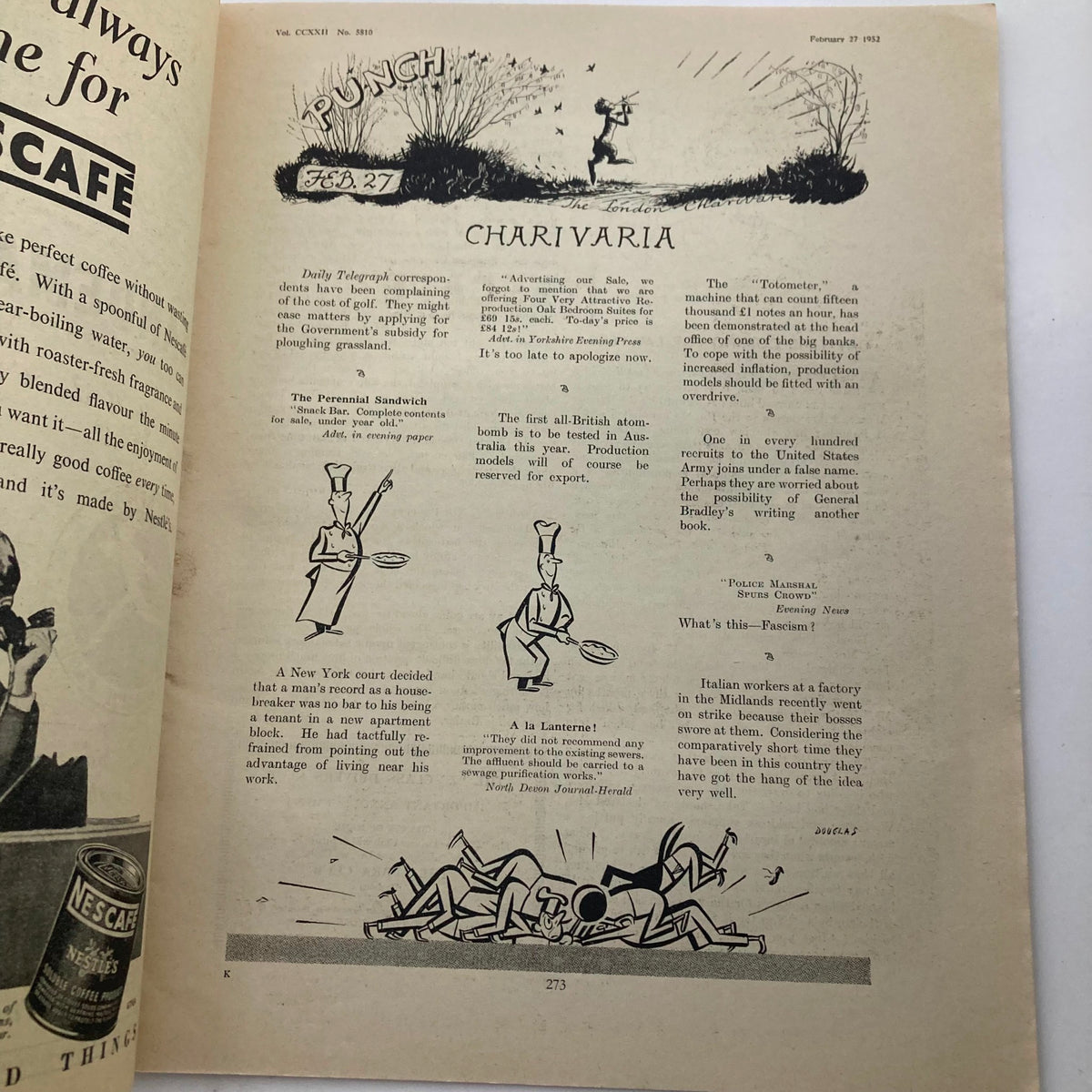 Interior page of Punch Magazine February 27 1952 Vol 222 No. 5810 showcasing cartoon illustrations and text humor reflecting 1950s satire.
