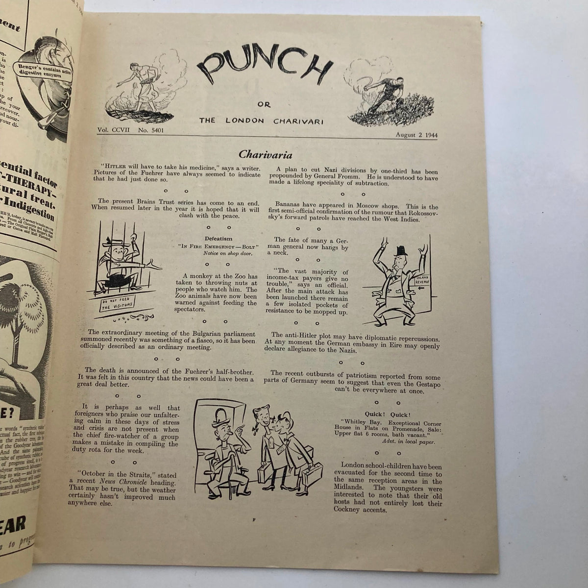 Interior page of Punch Magazine August 2, 1944, Volume 207, Number 5401 showcasing satirical commentary and cartoons related to wartime issues.