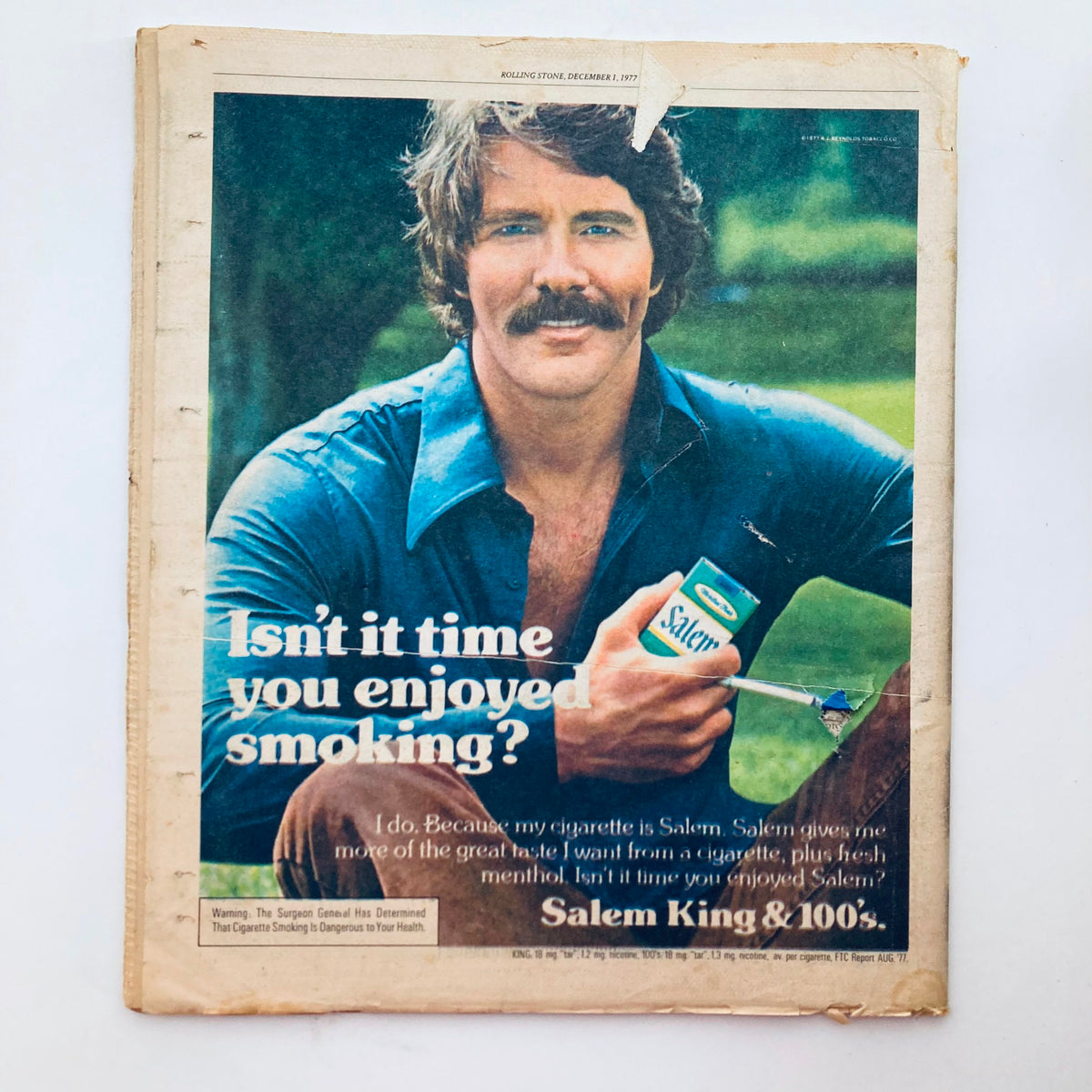 Back cover of the VTG Rolling Stone Magazine December 1, 1977 Issue featuring an advertisement for Salem cigarettes with a man holding a cigarette packet, highlighting retro advertising from the 1970s.