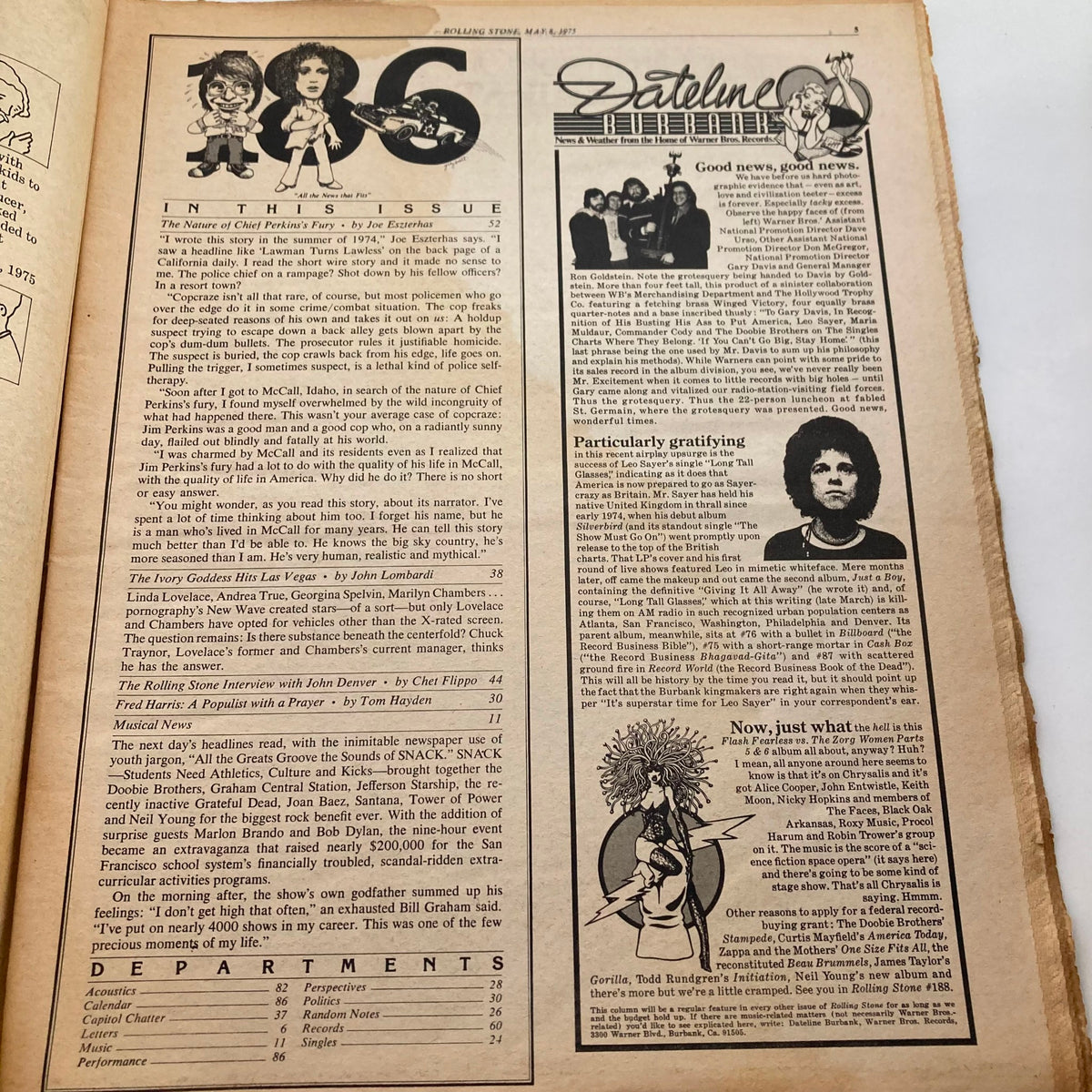 Inside pages of the VTG Rolling Stone Magazine May 8 1975 Issue 186 featuring a table of contents with key features including an interview with John Denver, reflecting the magazine's significance in music journalism.