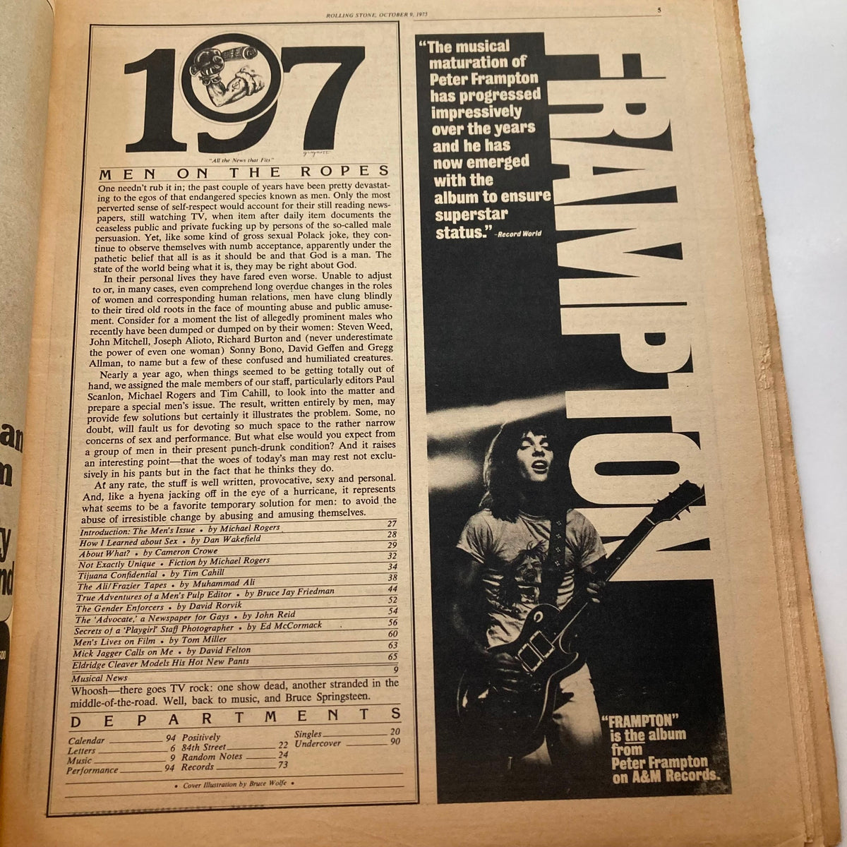 Inside page of VTG Rolling Stone Magazine October 9 1975 Issue highlighting an article titled 'Men on the Ropes' with text and a photo of Peter Frampton.