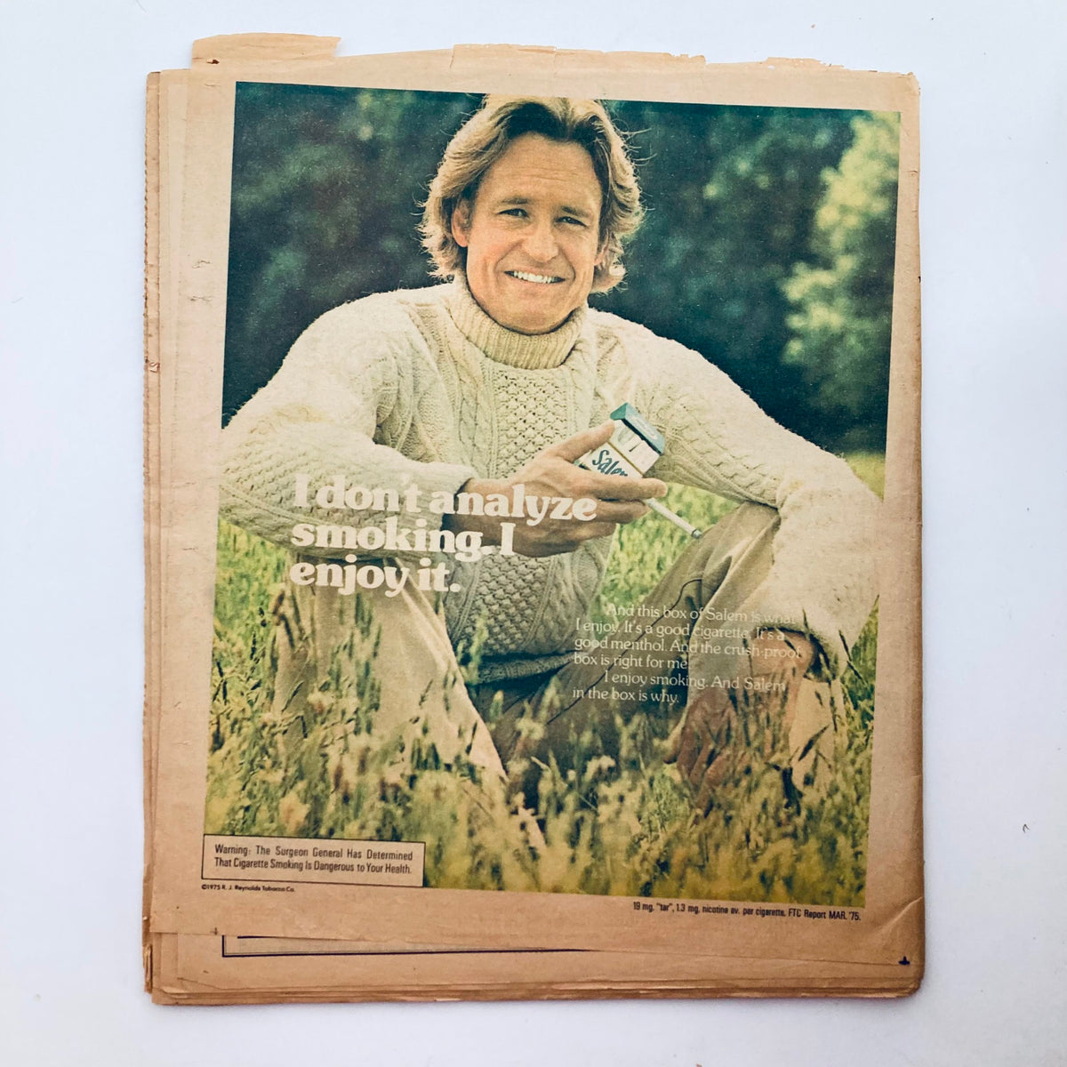 Back cover of VTG Rolling Stone Magazine October 9 1975 Issue displaying an advertisement featuring a man with a Salem cigarette, emphasizing smoking culture of the 1970s.