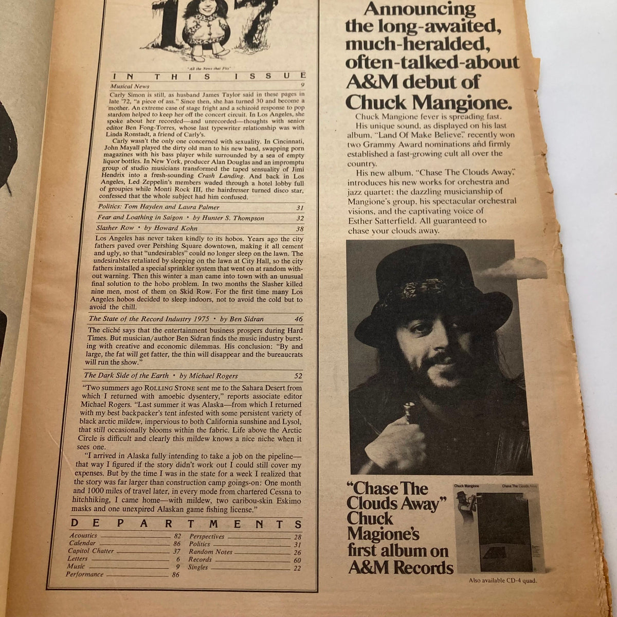 Interior page of Rolling Stone Magazine May 22 1975 Issue featuring an announcement about Chuck Mangione's A&M debut and a photo of the artist.