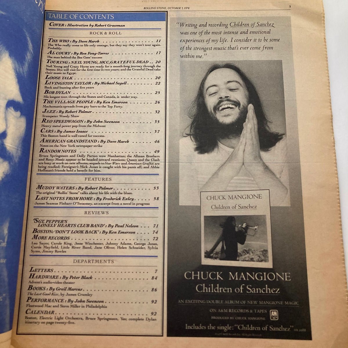VTG Rolling Stone Magazine October 5 1978 showcasing the Table of Contents, including features on The Who and other music legends, highlighting classic rock articles.