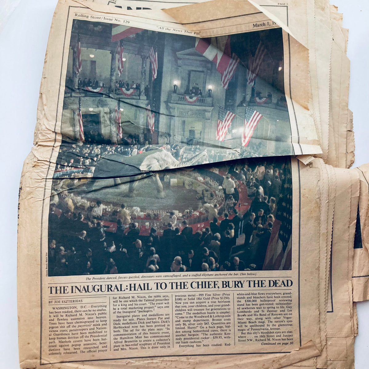 Inside page of the Vintage Rolling Stone Magazine March 1 1973 Issue 129 showcasing a feature on a presidential inaugural event, highlighting the significance of political moments in the era.