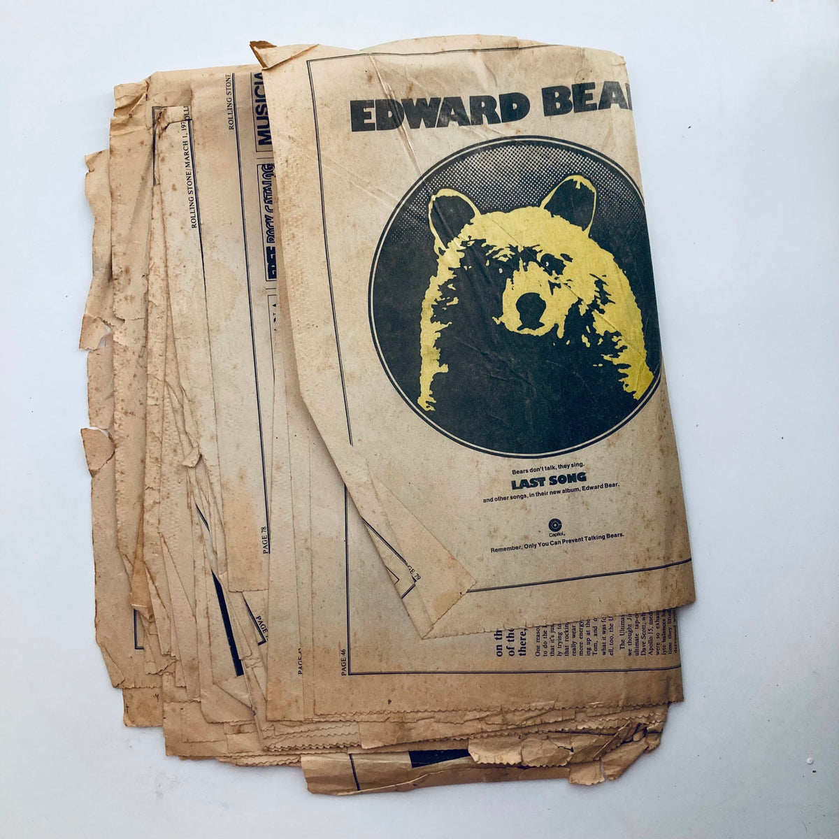 Back cover of the Vintage Rolling Stone Magazine March 1 1973 Issue 129 with a promotional graphic for musical content related to Edward Bear, emphasizing the magazine's diverse coverage of music.