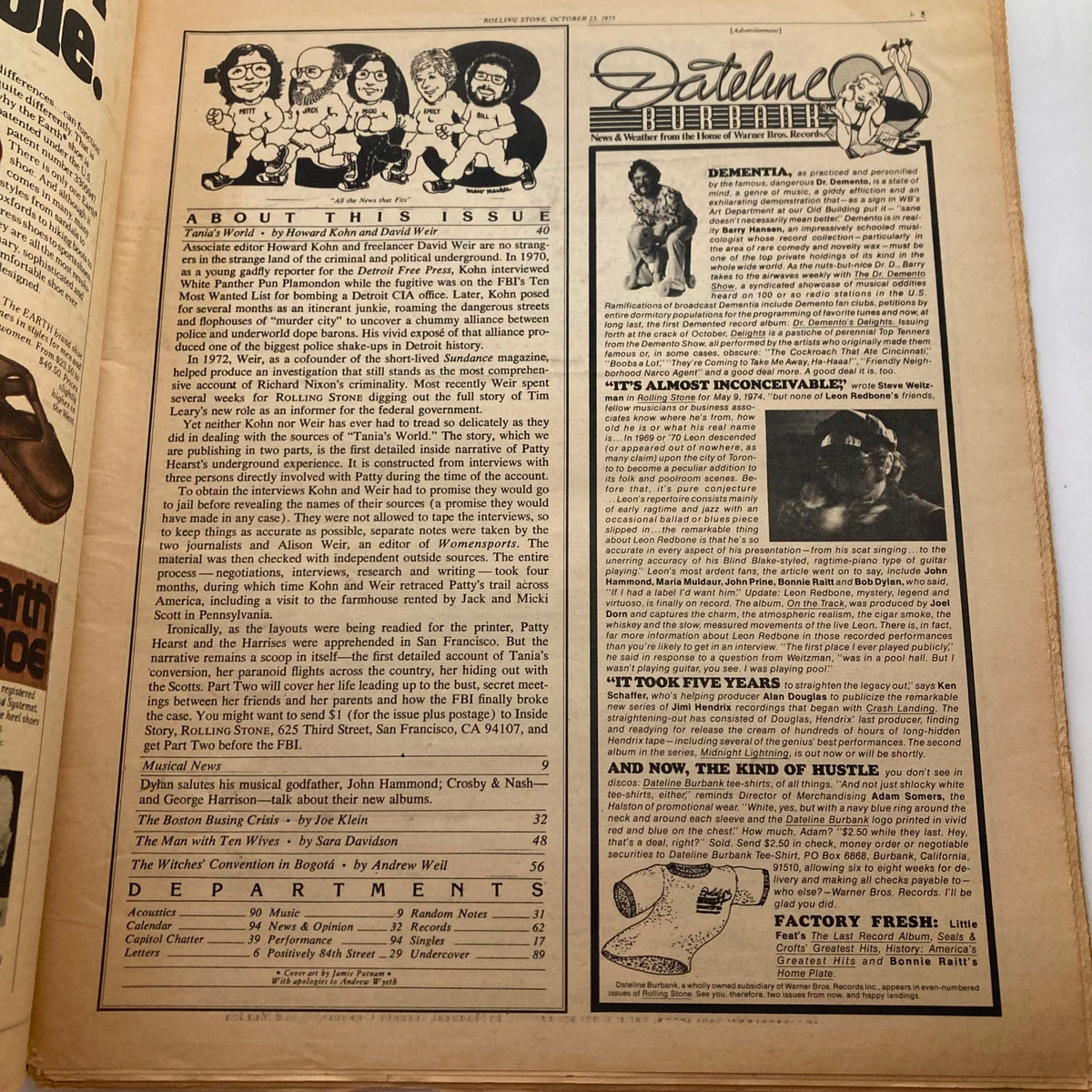 Inside page of the Rolling Stone Magazine dated October 23, 1975, featuring commentary about Patty Hearst and the cultural context of the time, part of the issue that highlights significant events and figures in 1970s America.