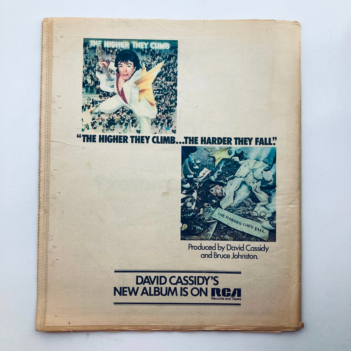 Back cover of the Rolling Stone Magazine from October 23, 1975, showcasing an advertisement for David Cassidy's new album with the tagline 'The Higher They Climb...The Harder They Fall,' emphasizing the entertainment culture of the 1970s.