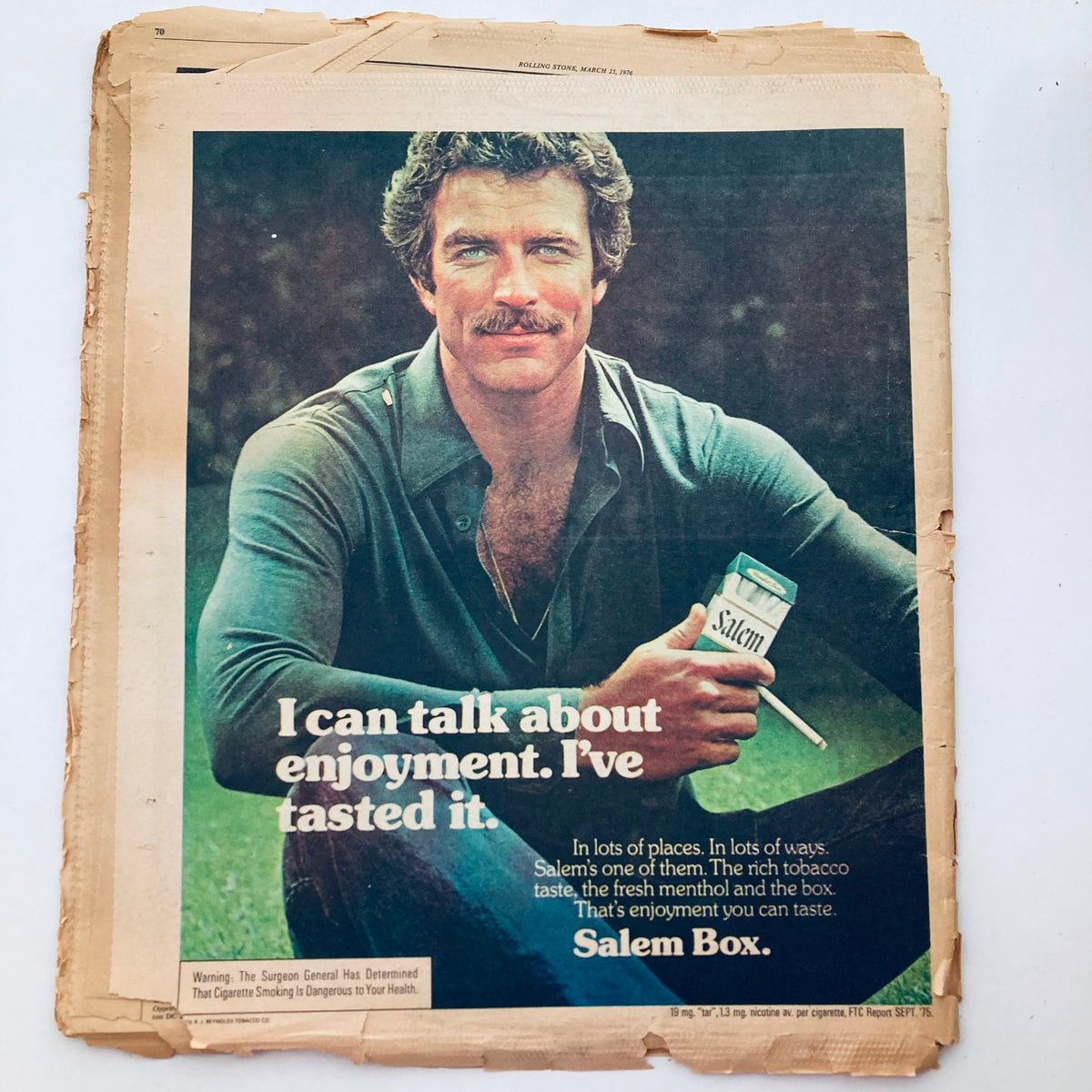 Advertisement page from the VTG Rolling Stone Magazine March 25, 1976 Issue 209 featuring a male model promoting Salem cigarettes, capturing the advertising style of the 1970s.