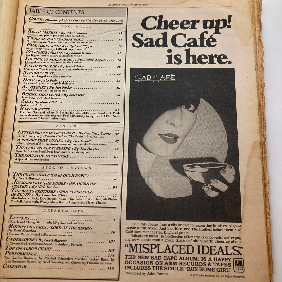 Table of contents from Vintage Rolling Stone Magazine January 25 1979, featuring articles on rock and roll, music reviews, and cultural commentary.
