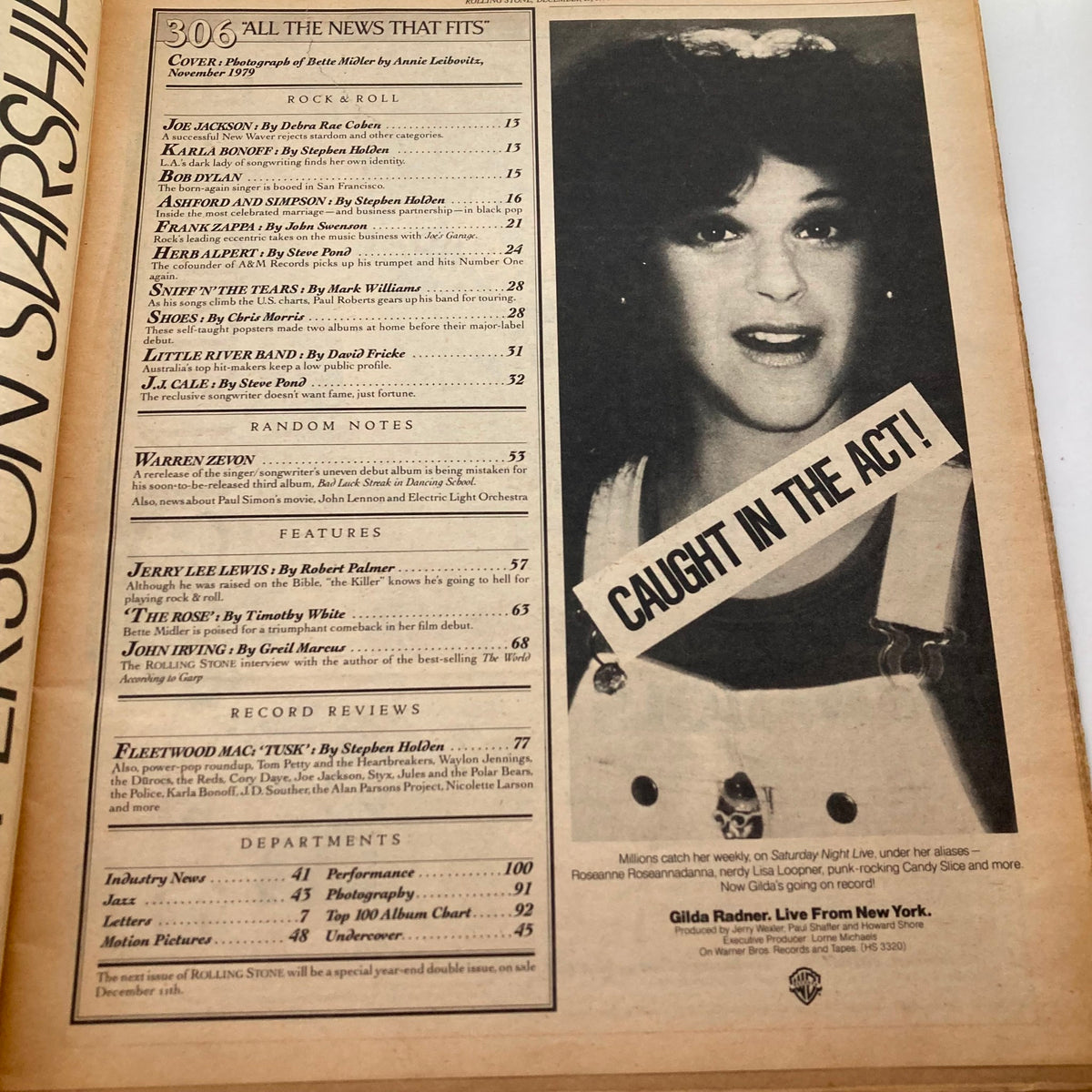 Table of contents from VTG Rolling Stone Magazine December 13 1979 Issue 306, showcasing featured articles including an interview with Bette Midler and content from rock and roll era.