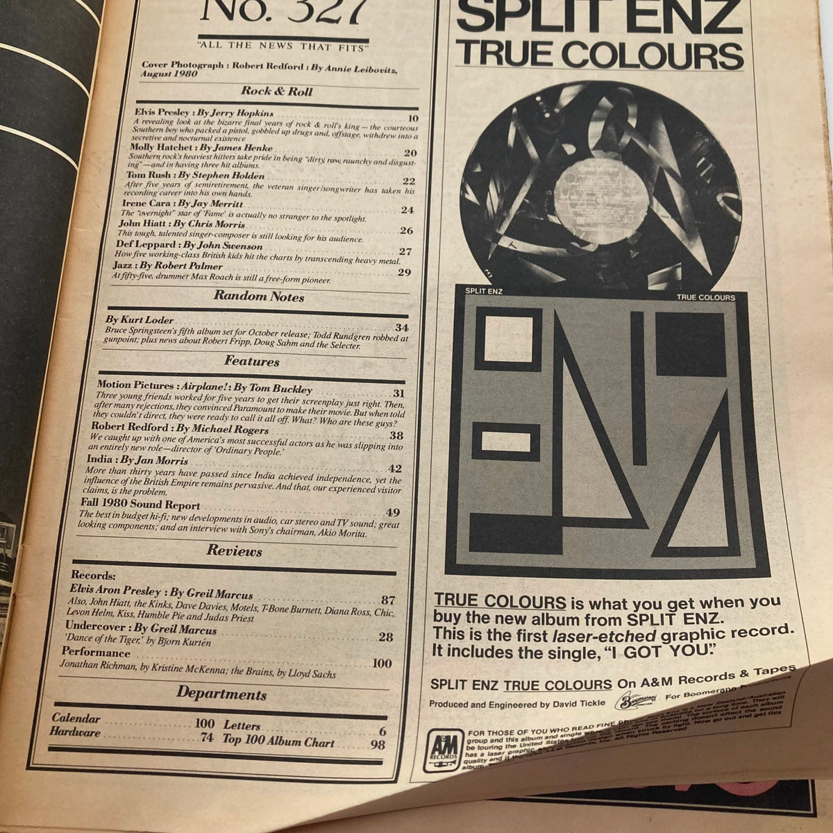Inside page of VTG Rolling Stone Magazine October 2 1980 Issue 327, listing features including articles and interviews, reflecting the cultural significance of the time.