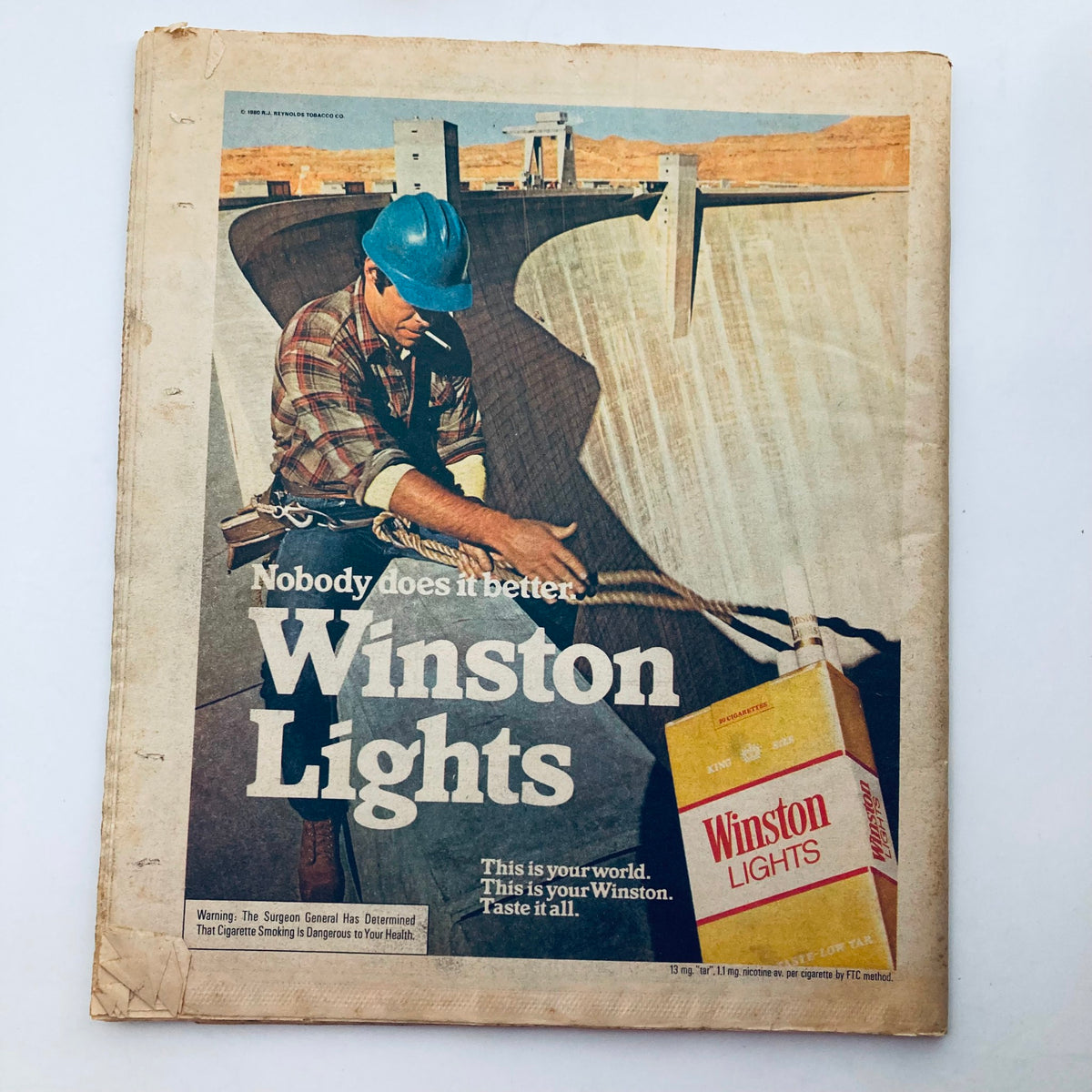 VTG Rolling Stone Magazine October 2 1980 Issue 327 featuring a striking cover image of a worker in a blue hard hat, emphasizing the tagline 'Nobody does it better. Winston Lights.' This vintage issue captures early 1980s pop culture and celebrity significance.