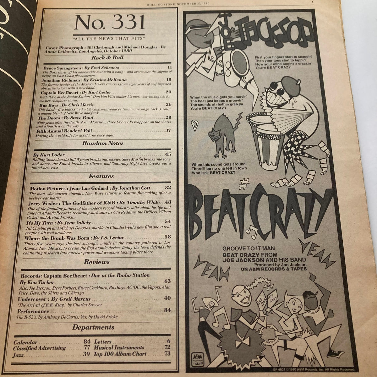 Interior page from Rolling Stone Magazine November 27, 1980 Issue 331, including table of contents with articles on Bruce Springsteen and Joe Jackson, highlighting features of the era.