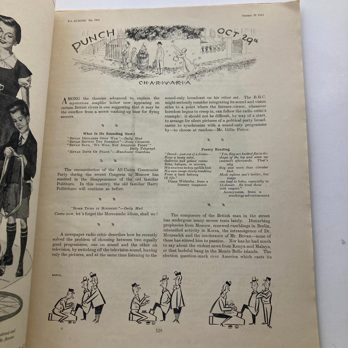 Punch Magazine October 29, 1952, showcasing political cartoons and humor from WWII. Features illustrations and articles reflecting the satirical commentary of the era, ideal for collectors and history enthusiasts.