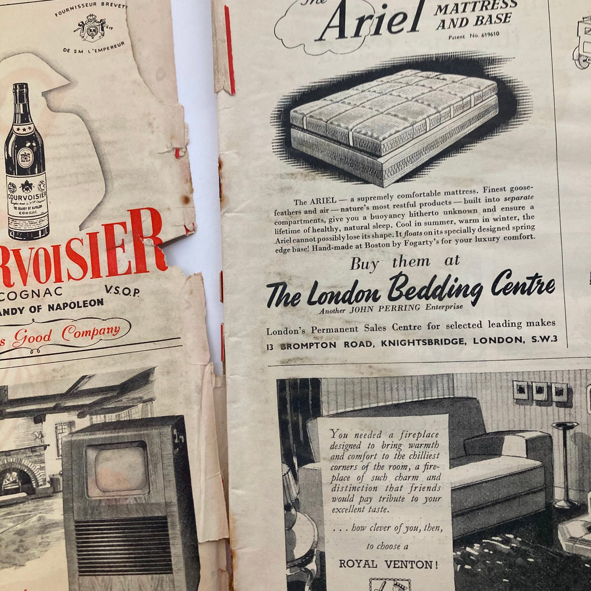 Advertisement page from Punch Magazine July 4 1951 featuring brands like Courvoisier, showcasing vintage advertising aesthetics.