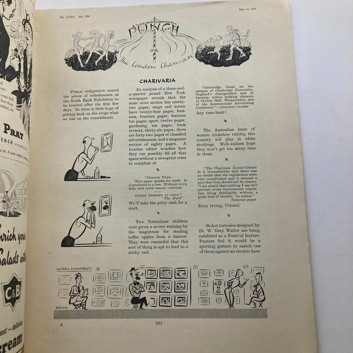 Interior page from Punch Magazine May 16 1951, Vol 220 No. 5767 featuring humorous illustrations and commentary, showcasing the magazine's unique satire and wit during the post-WWII era.
